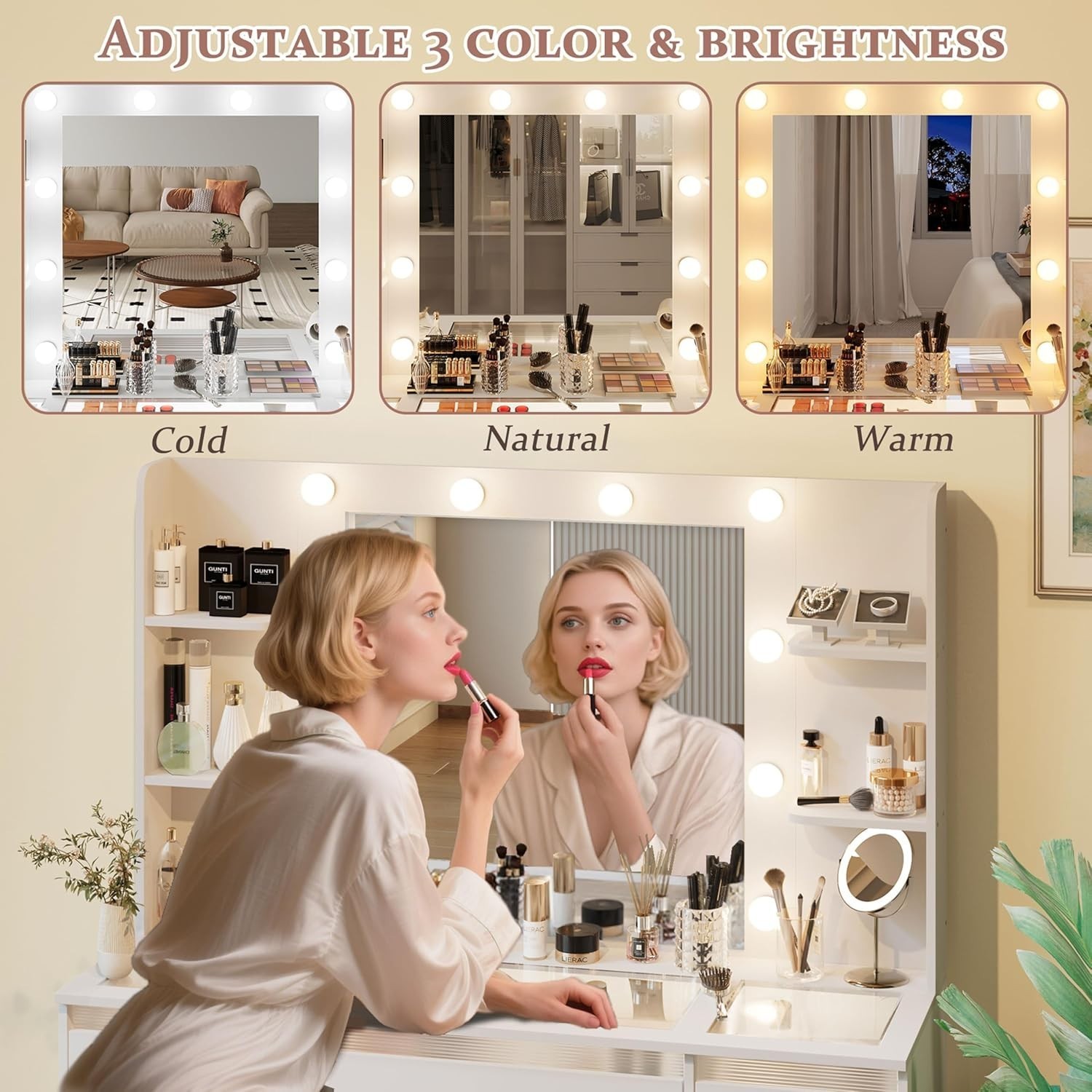 Makeup Vanity With Lights 3 Color Glass Top Vanity Desk 7 Lighted Drawers Power