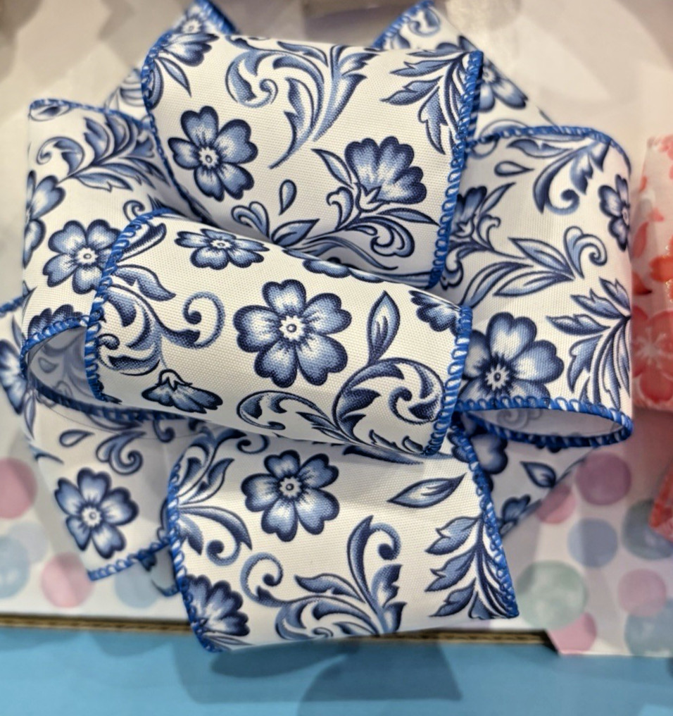 Kirkland Wire-Edged Ribbon blue and white floral 2 in Wide 50 YD