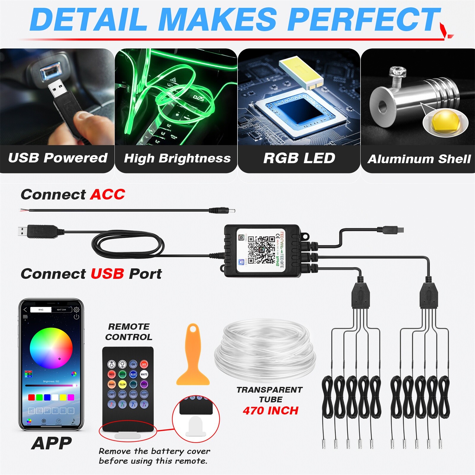 RGB 10-in-1 Interior Car LED Strip Light Neon Ambient Light Kit Fiber Optic Tube