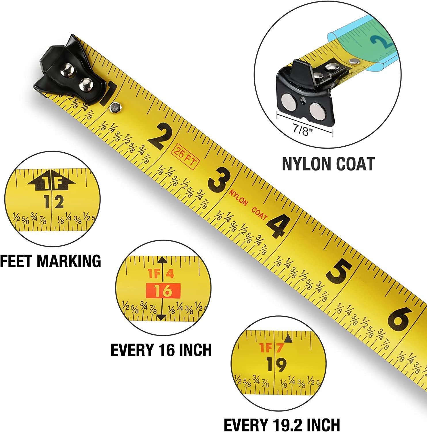 DURATECH 25FT Magnetic Tape Measure, Retractable Measuring Tape w/Fractions