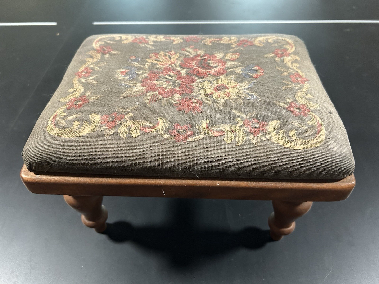 Vintage needlepoint footstool square wooden legs floral