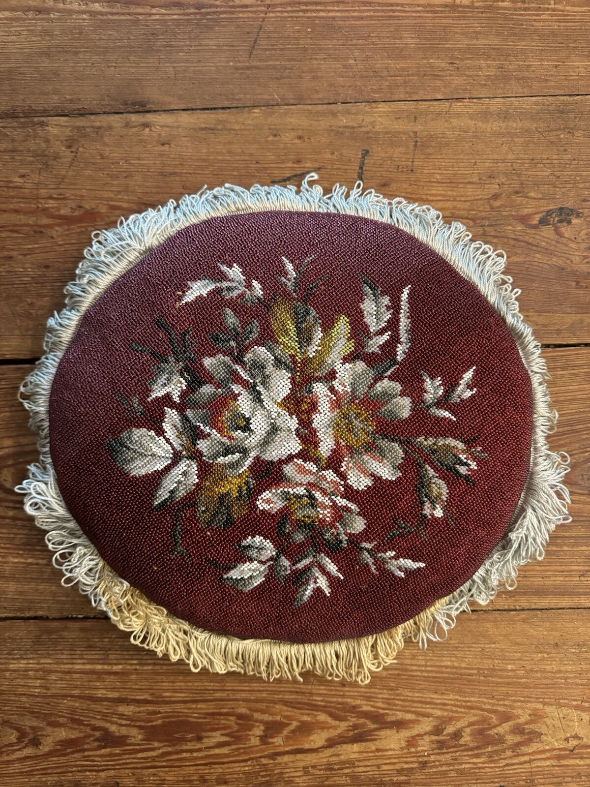 Victorian UK Embroidered & Beaded 13” Chair Seat Cushion w/ Purple Velvet Bottom