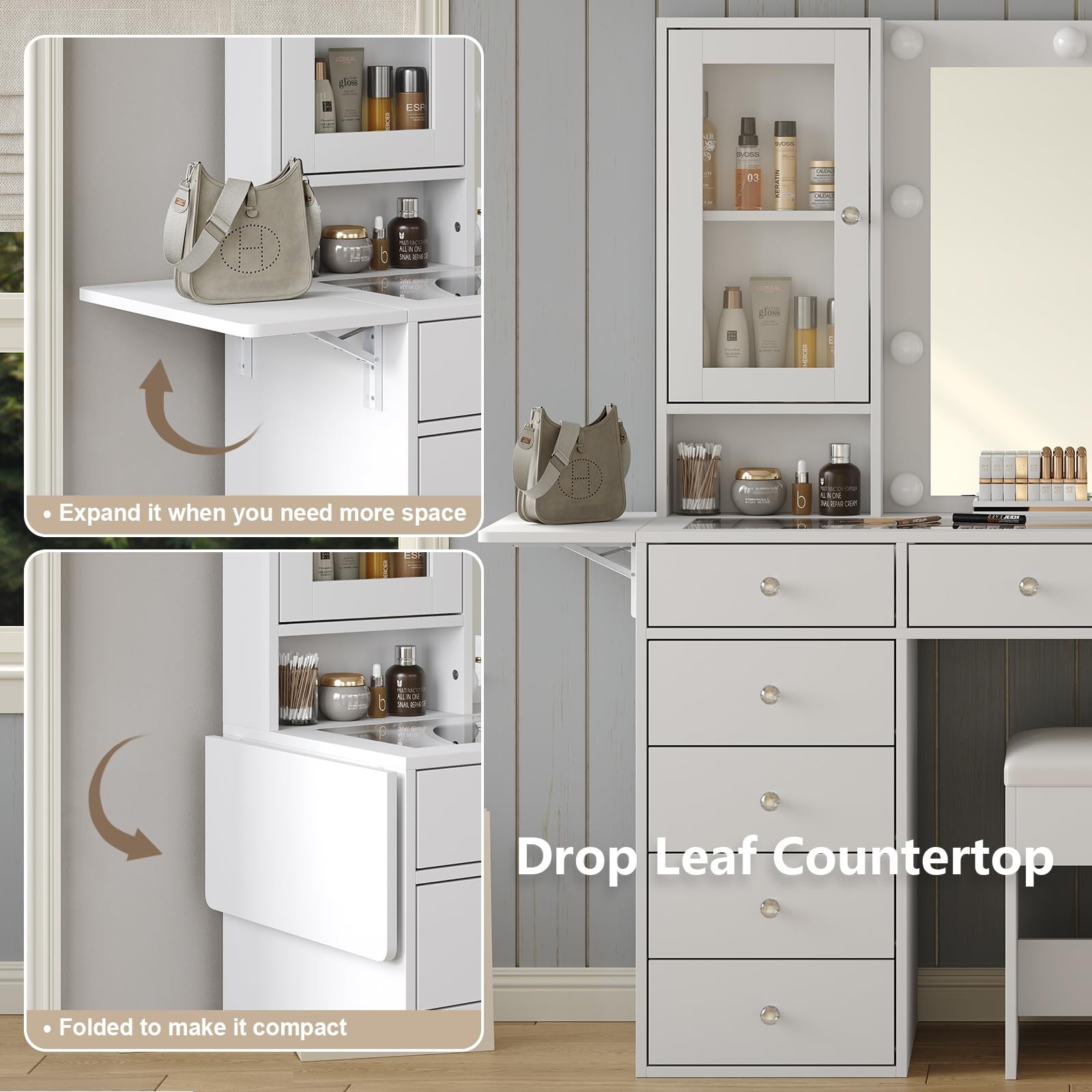 Vanity with Mirror w 10 LED Lights, Makeup Vanity w 12 Drawers，White Vanity desk