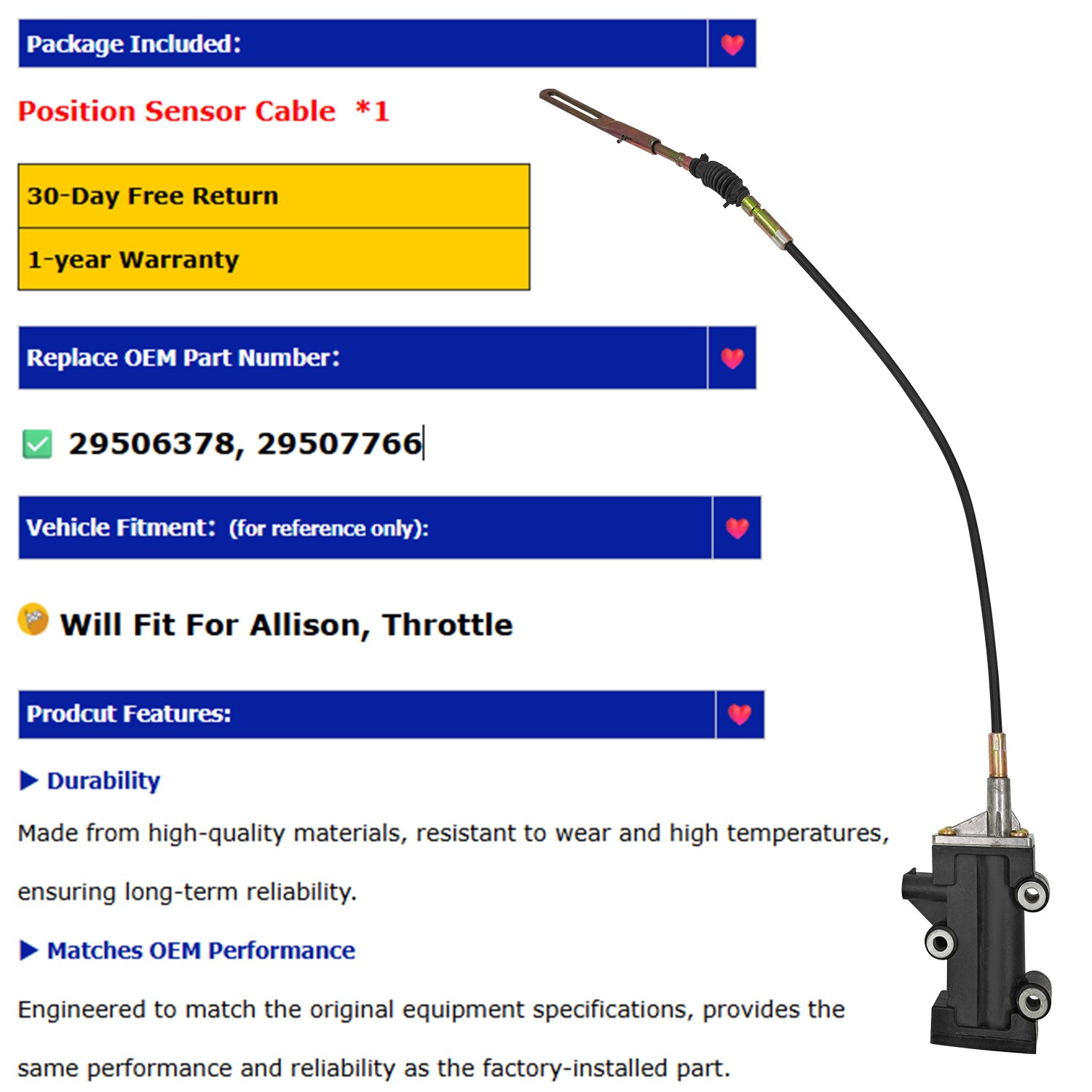 NEW For Allison Throttle Position Sensor Cable 29506378 29507766 FAST SHIPPING