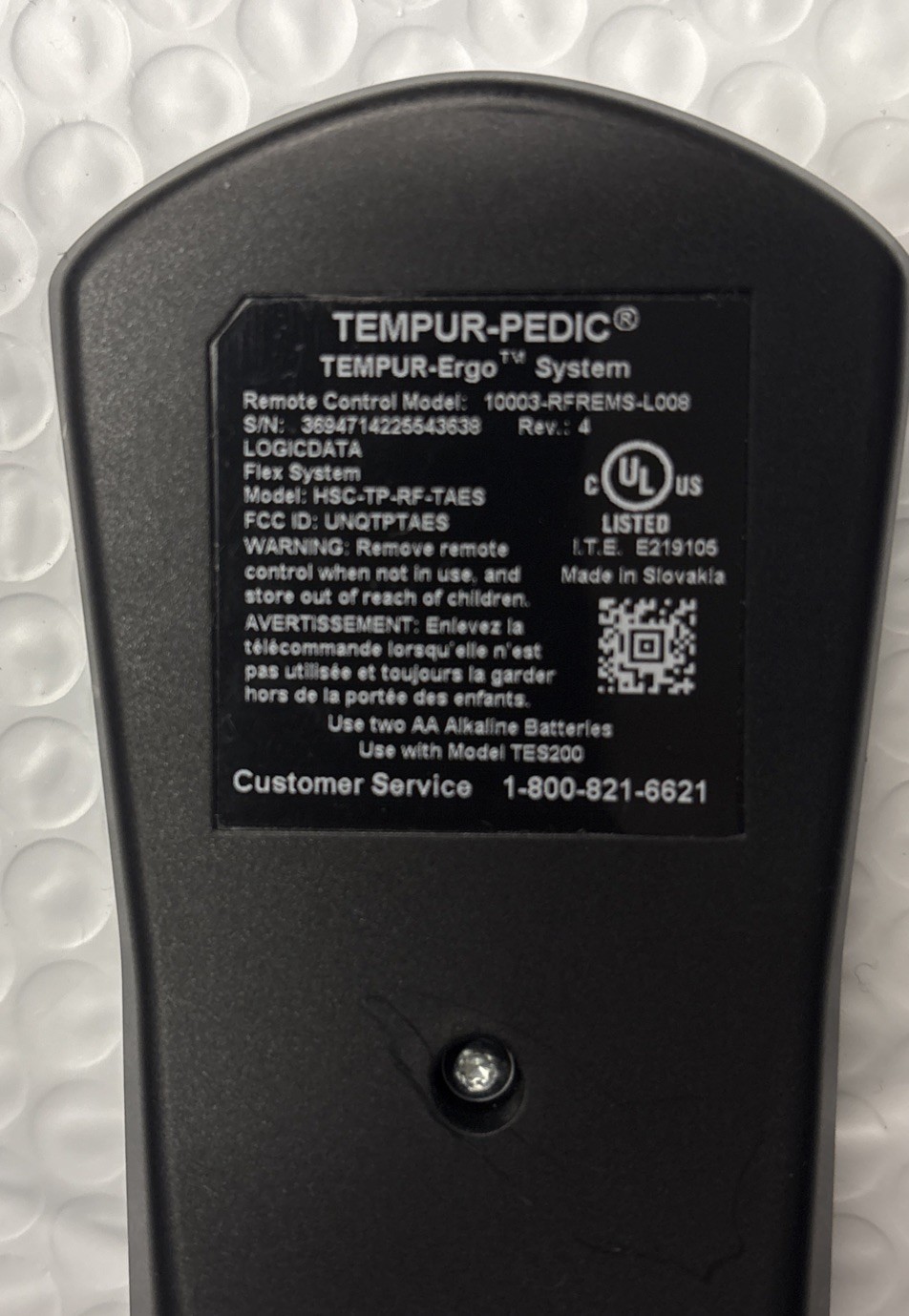 Tempur-Pedic Tempur-Ergo Premier 10003-RFREMS-L008 Wireless Remote Control