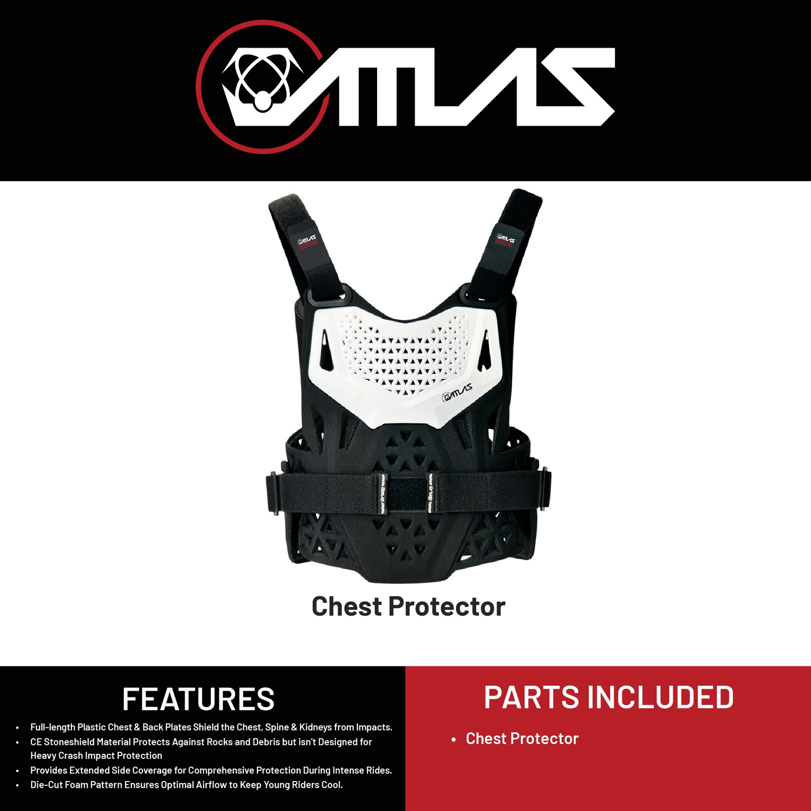 Atlas Charger PeeWee White - Lightweight Chest Protector for Motocross & BMX