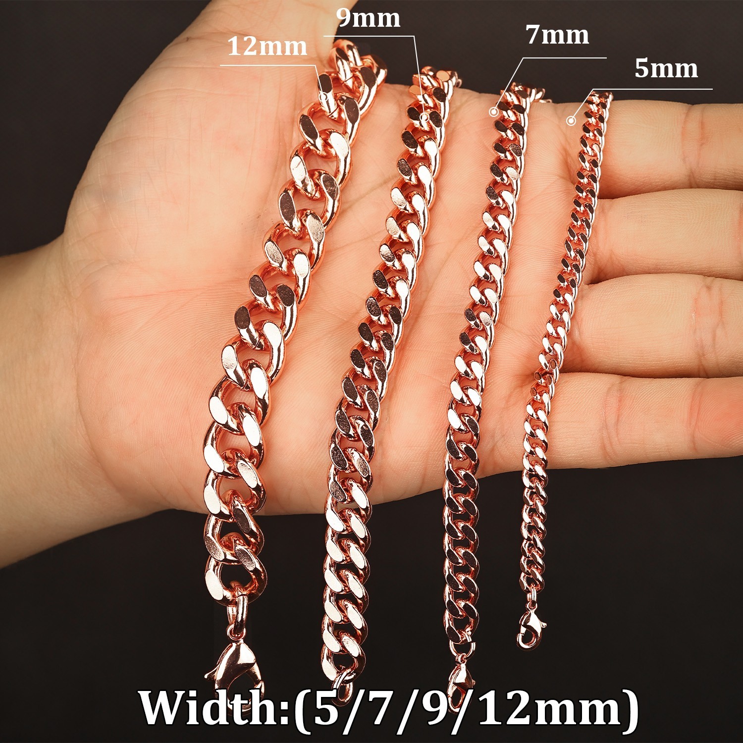 99.9% Pure Copper Bracelet Cuban Curb Chain- 5, 7, 9, 12mm Widths 6.5" - 9" Long