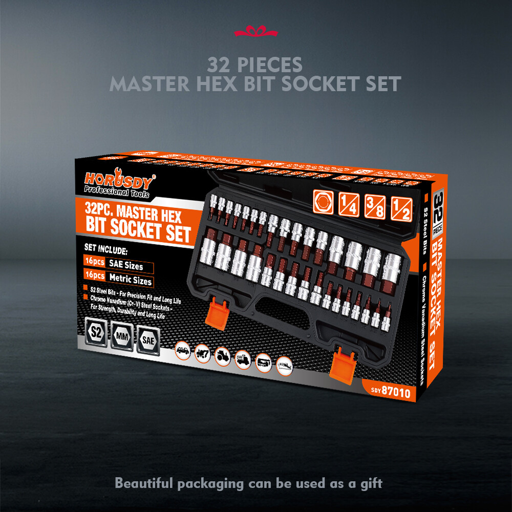 32Pc Hex Allen Master Socket Bit Set Premium 3/8 1/4 1/2 S2 Steel SAE Metric