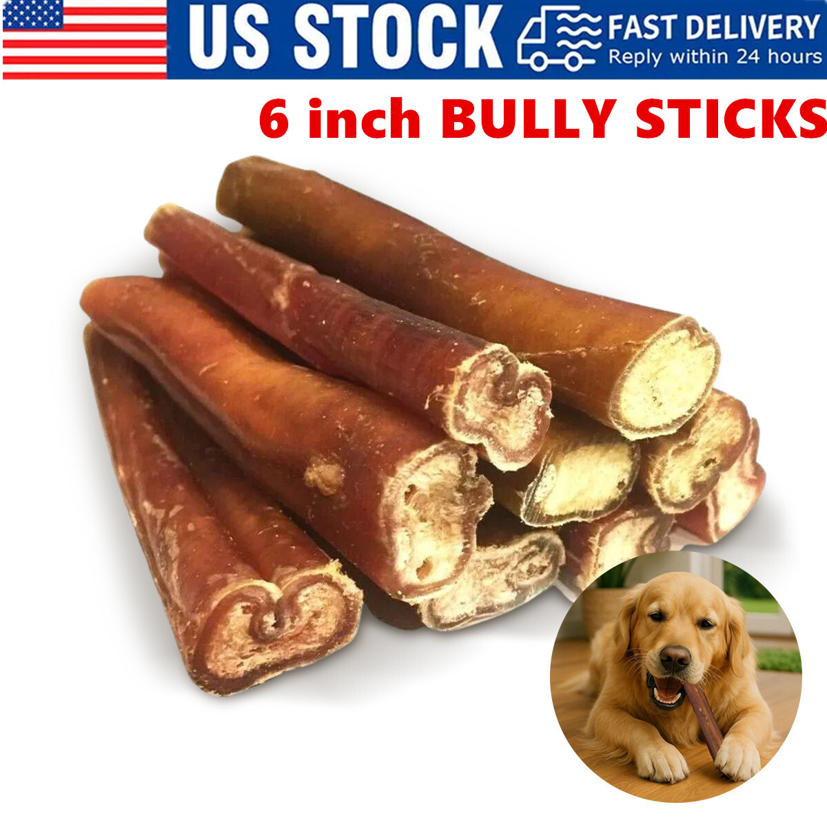 6" inch  BULLY STICKS Natural Dog Treats Chews USDA & FDA Approved