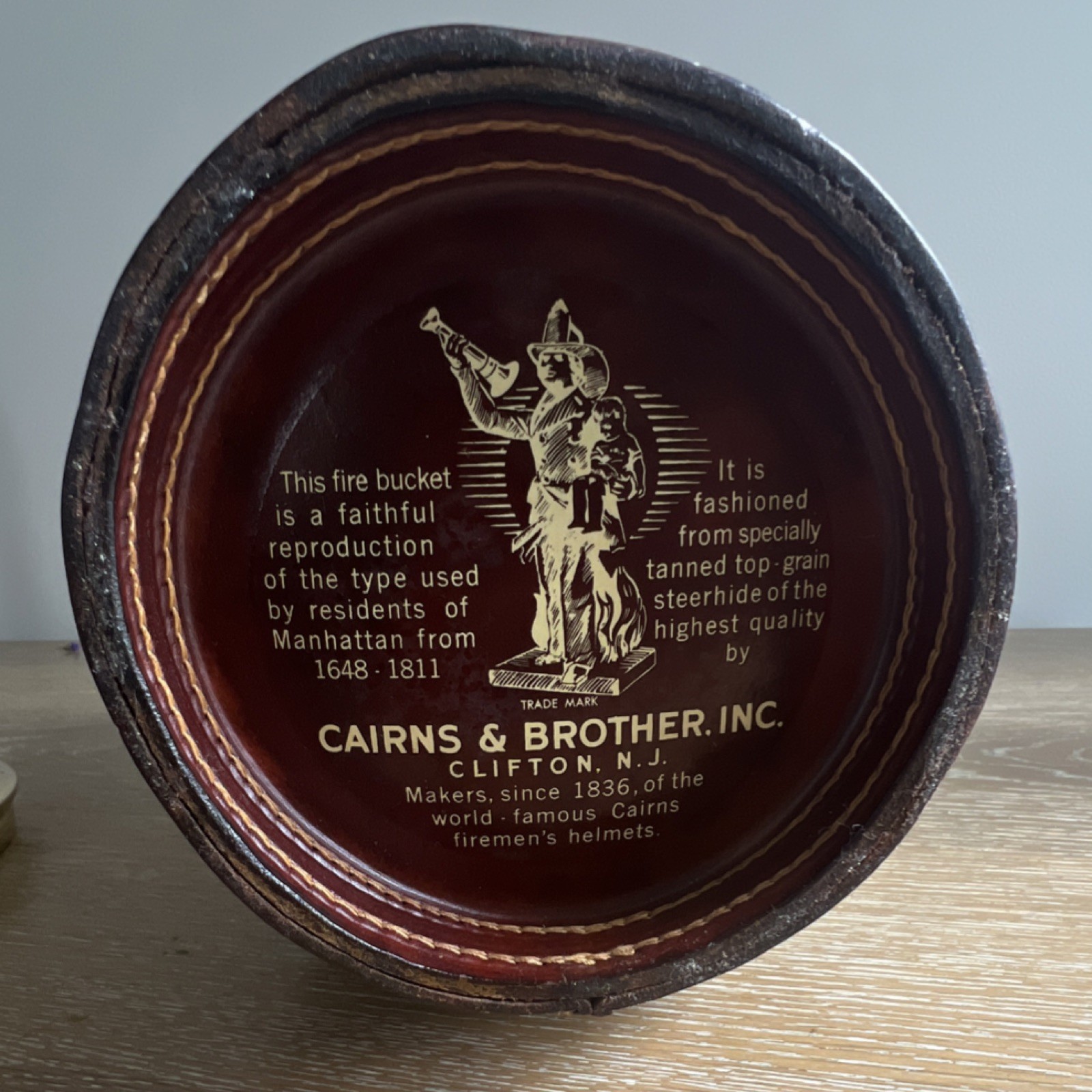 Cairns & Brother Inc. Leather Fire Bucket Reproduction Manhattan 1648-1811