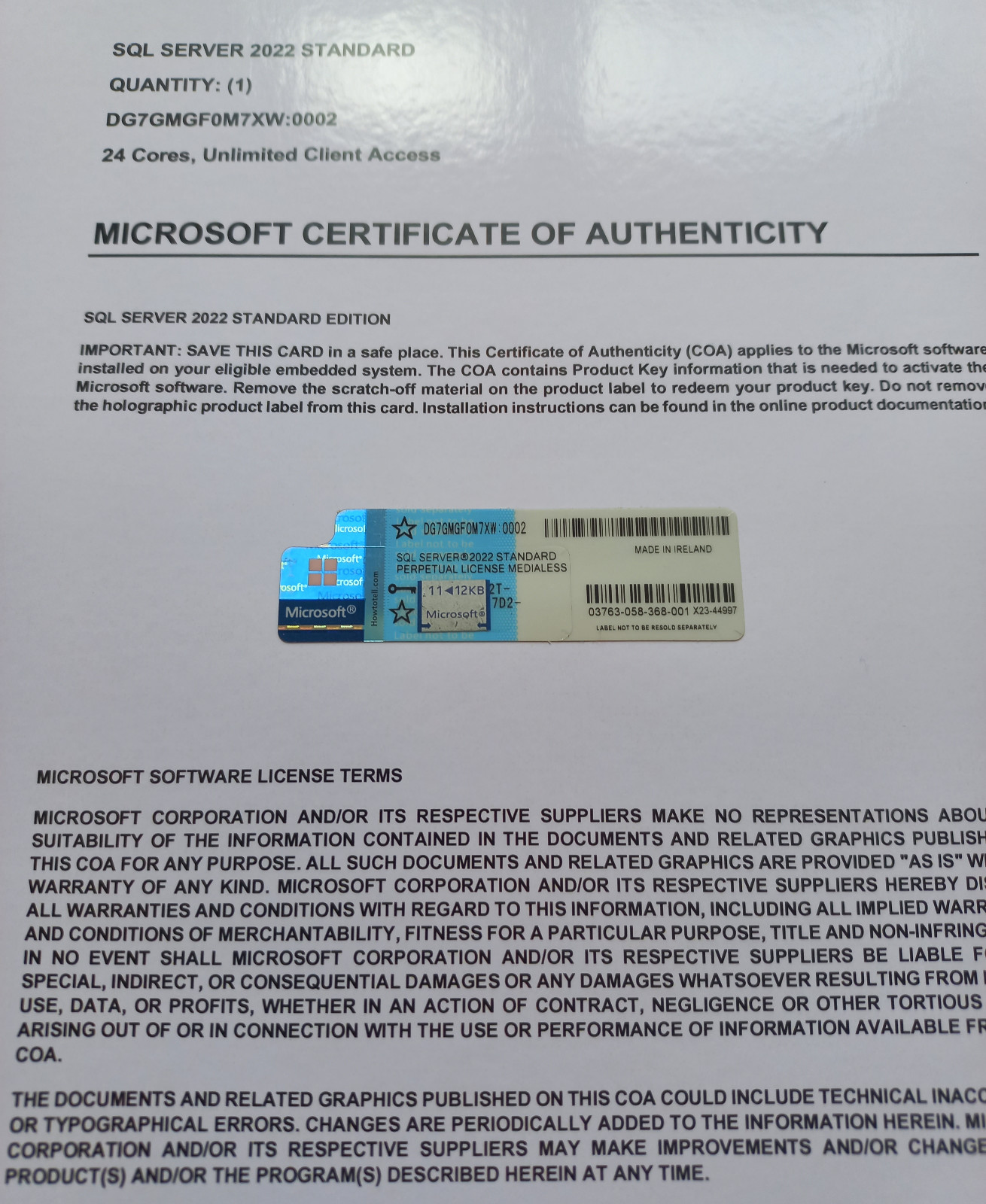 Microsoft SQL Server 2022 Standard 24 Core unlimited User CALs CoA DG7GMGF0M7XW