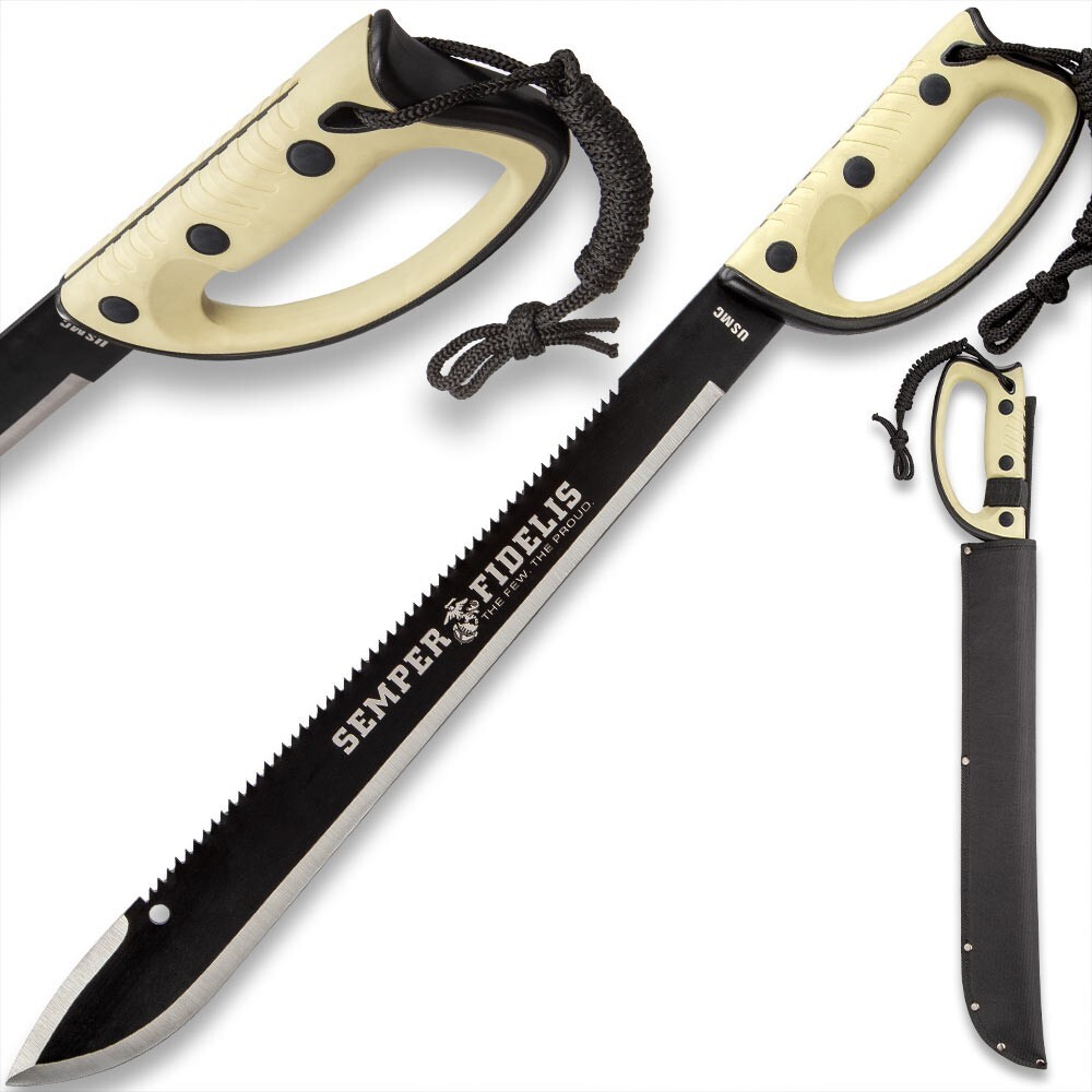 United Cutlery USMC Semper Fi Sawback Machete Knife with Sheath |  24” Overall