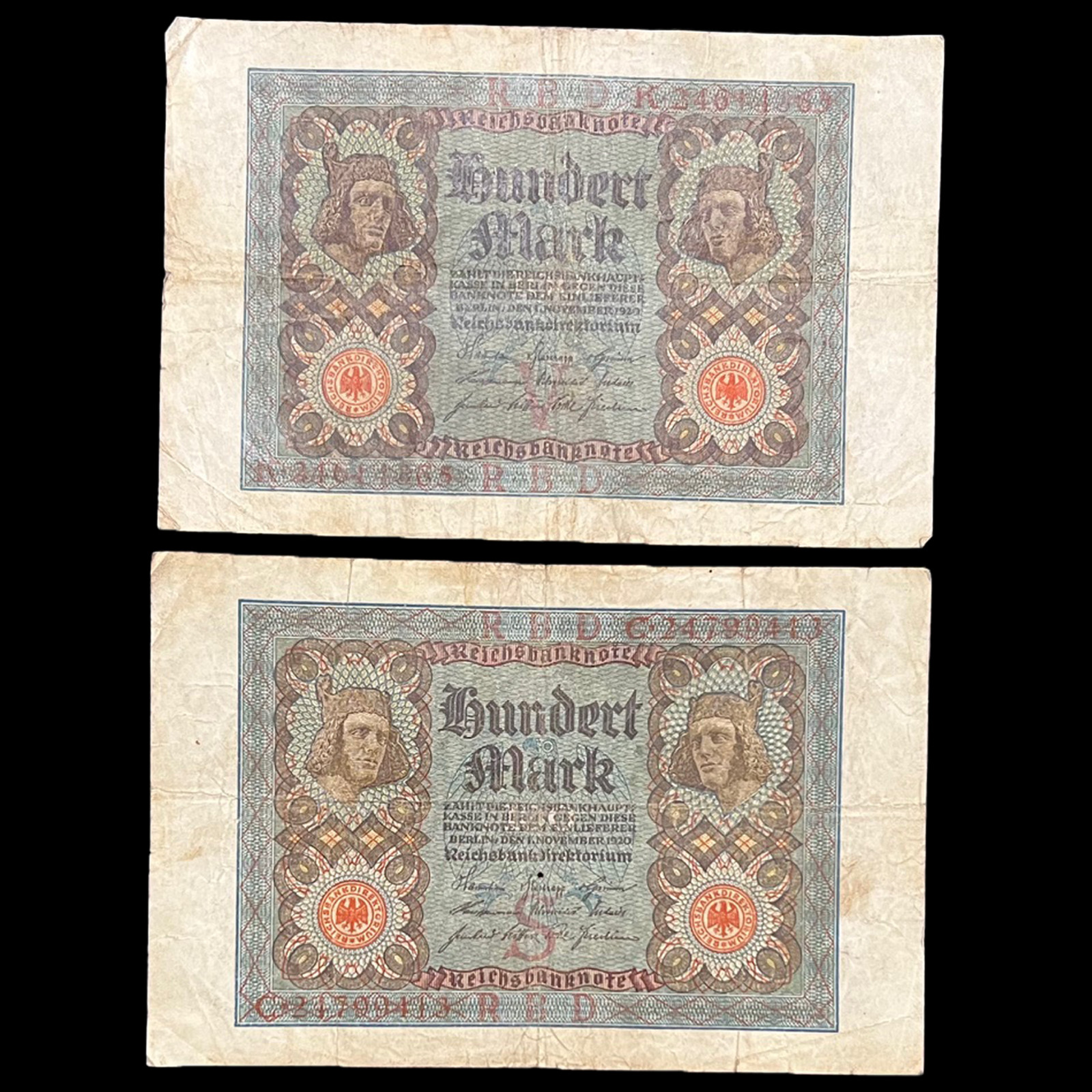 2x 1920 German 100 Mark post WWI WW1 Banknote Paper Money Kaiser Pre Hitler Nazi