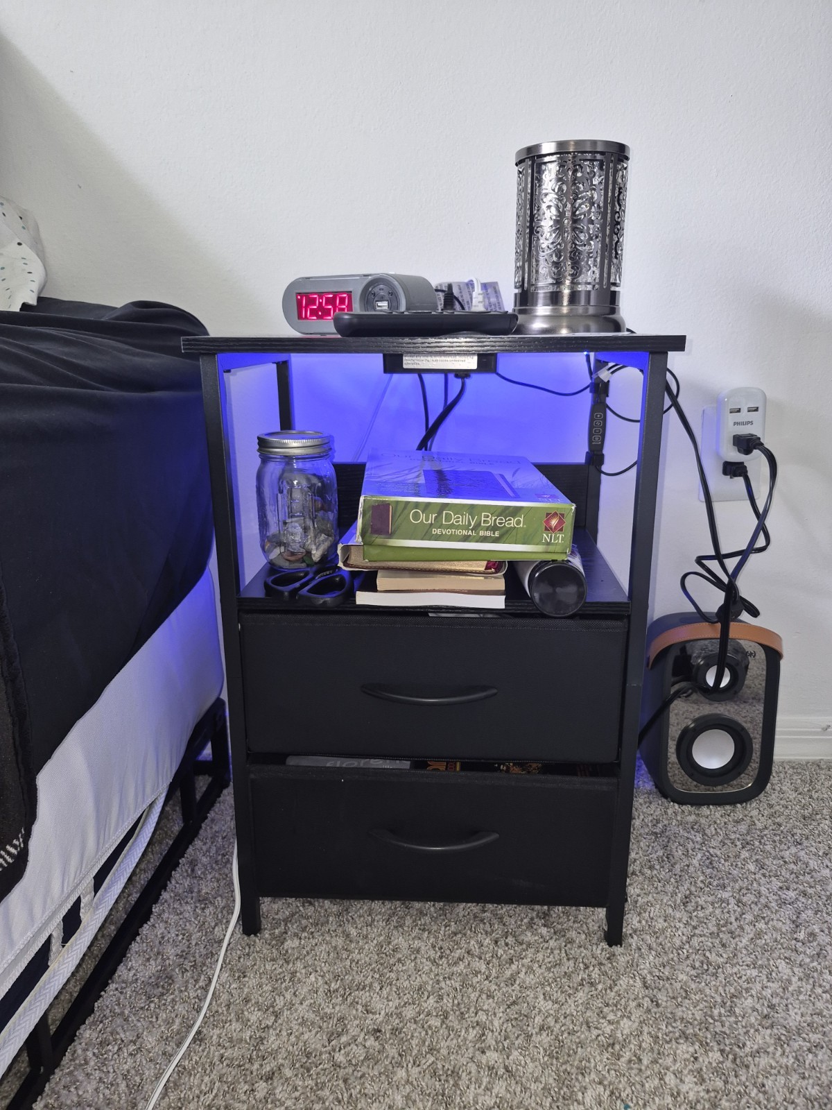 Set of 1 Modern Vintage Nightstands, Black Beige Wood Metal, 2 Drawers, Bedroom