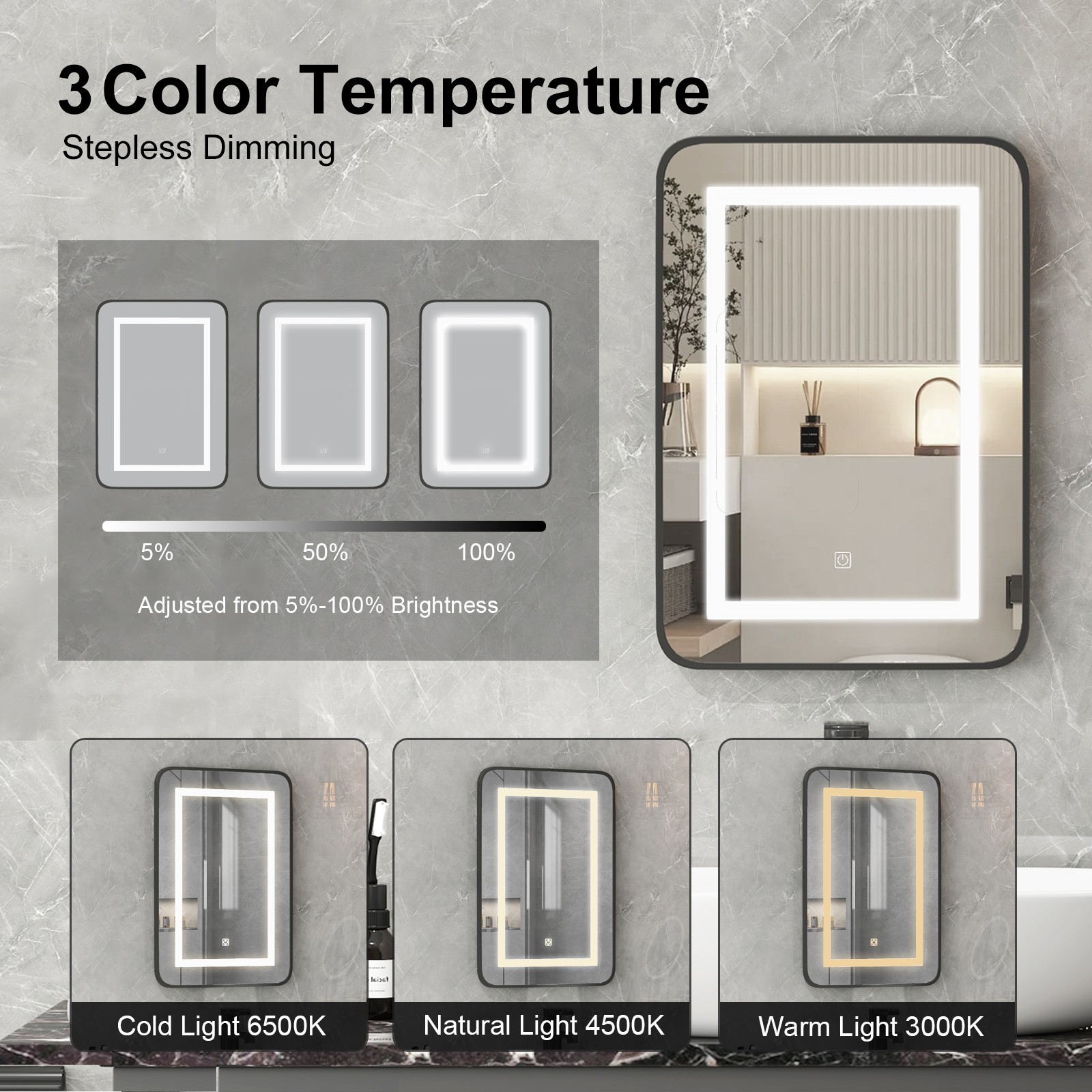 Bathroom Lighted Medicine Cabinet Recessed 3-Color LED Medicine Cabinet Mirror