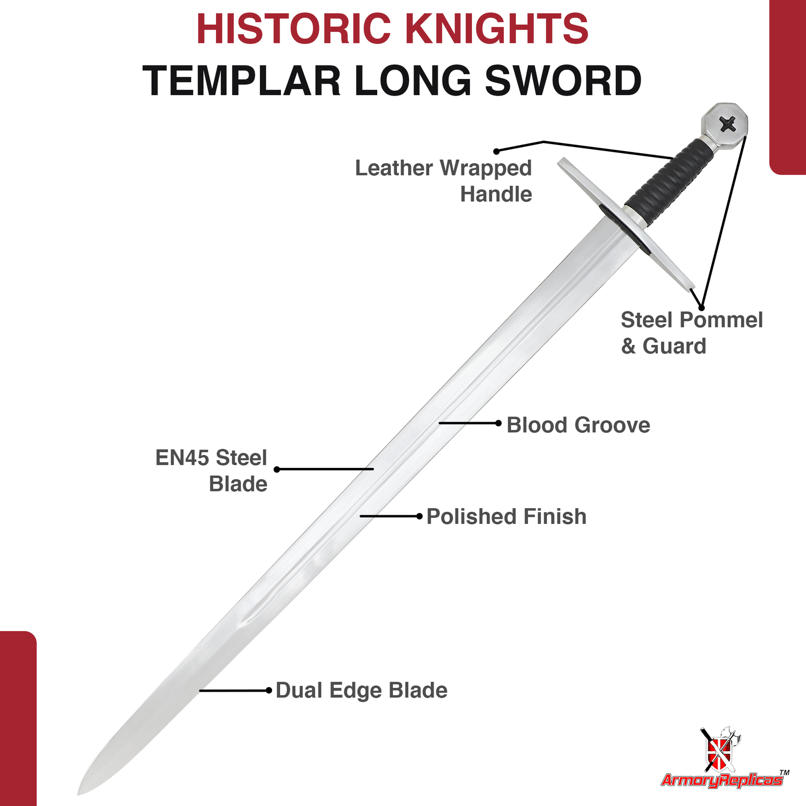 Medieval Knights Templar Handmade Sword – 41” Carbon Steel Blade, Leather Grip