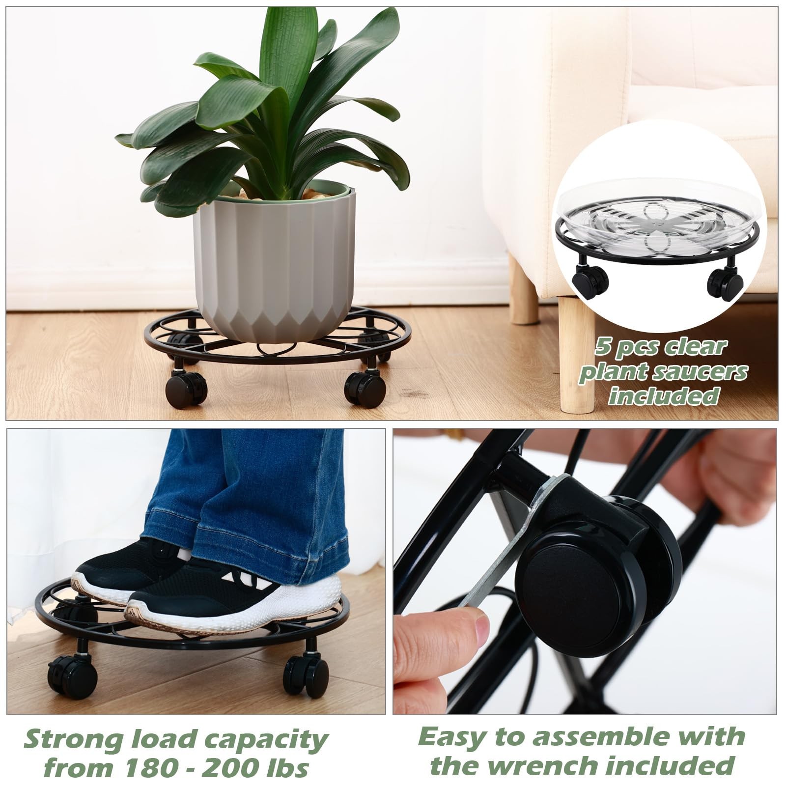 5 Packs 13.5 inches Metal Heart Plant Caddy with Wheels Large Rolling Plant S...