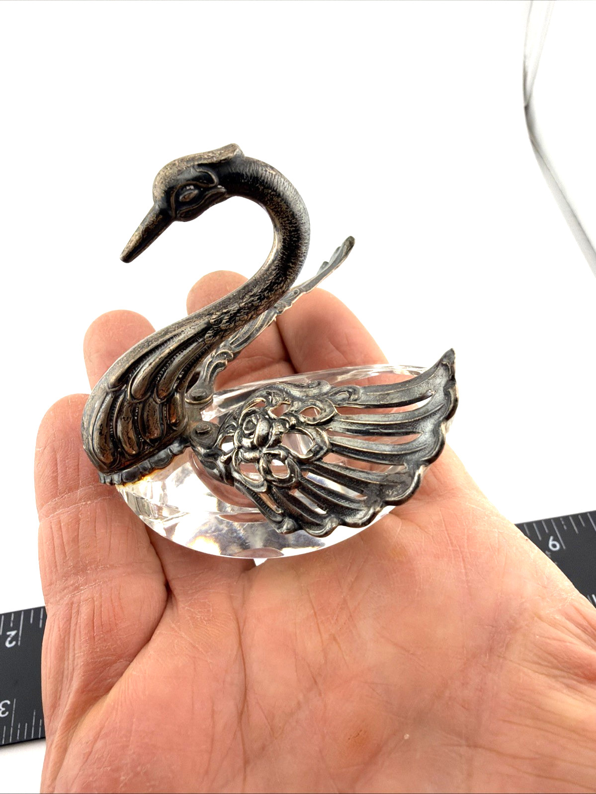 Pair Vintage Sterling Silver and Glass Table Salt Swans R Sterling West Germany