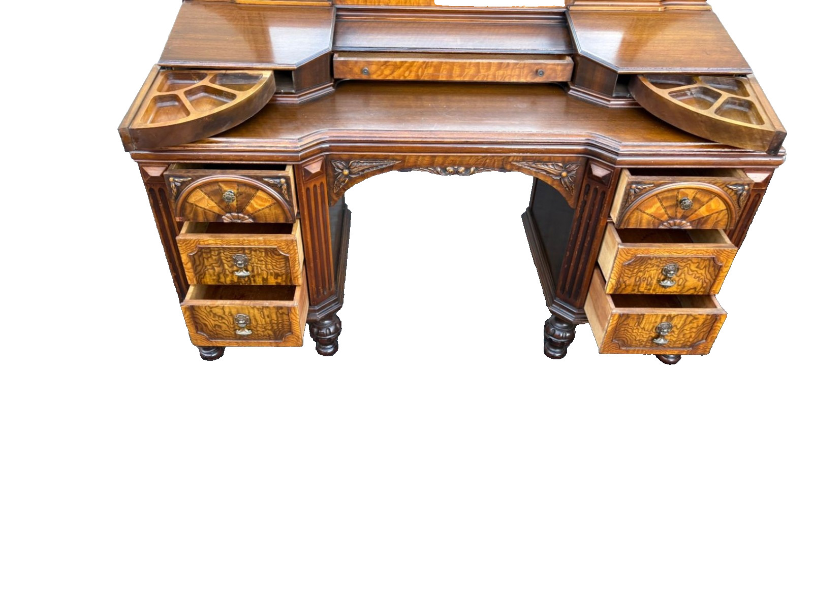 67476 Antique Walnut Vanity with Mirror, Ornate Carving and Drawers