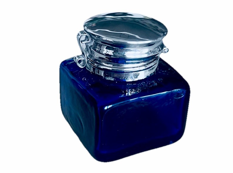 Vintage 1978 Square Cobalt Blue Glass Inkwell Bottle Sterling Silver Top