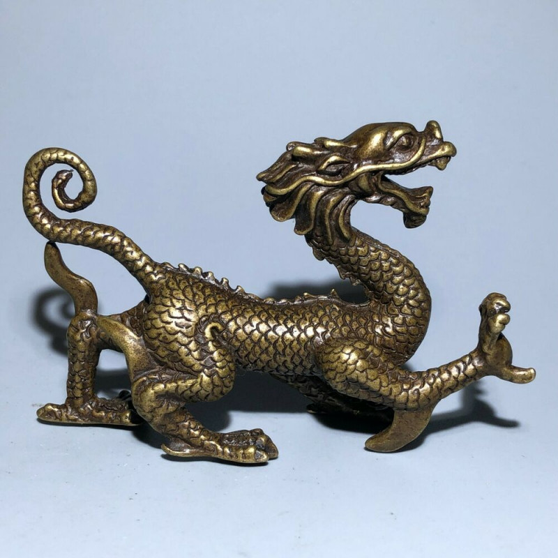A+ Chinese Old Vintage Solid Brass Handwork Collectible Dragon Ornament Statue