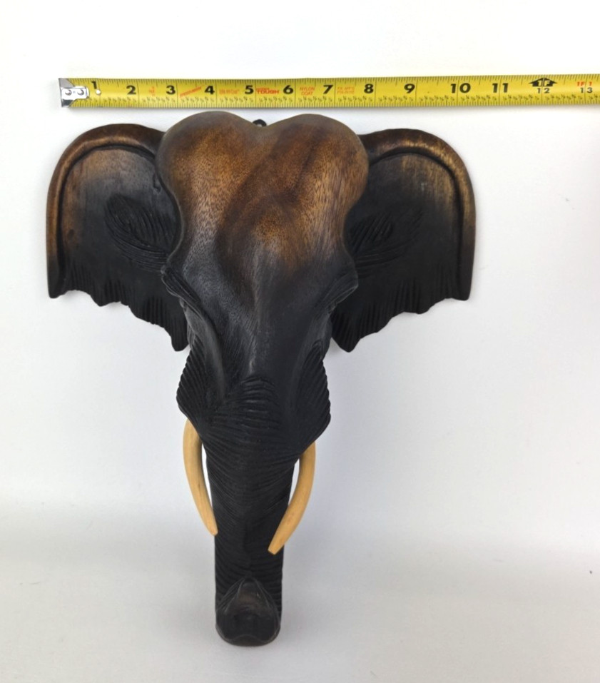 12” Wooden Thai Elephant Head Hand Carved Hanging Wall Home Decor Boho Gift