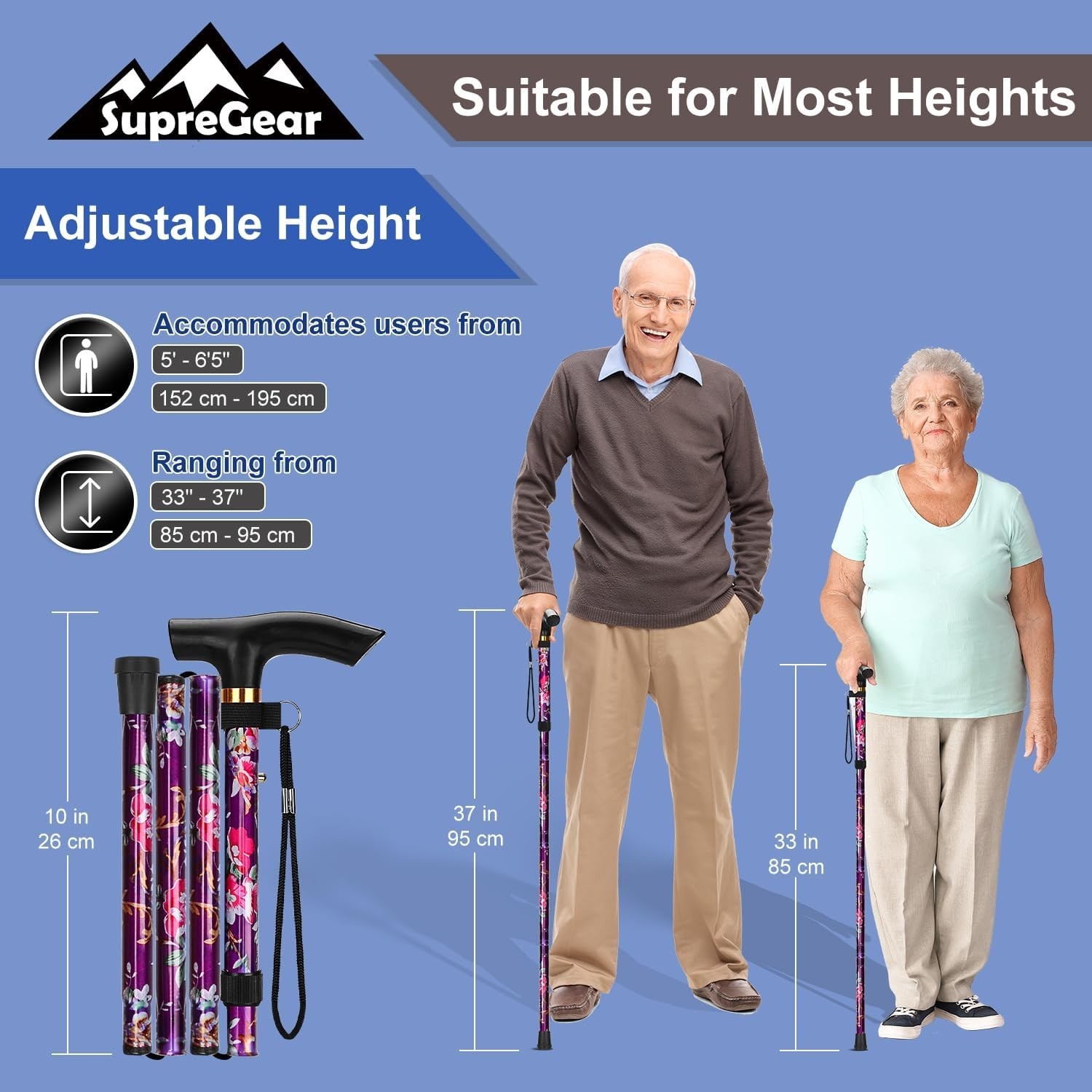 Walking Cane-Folding CaneAdjustable Colorful Walking Stick for Men & Women Black