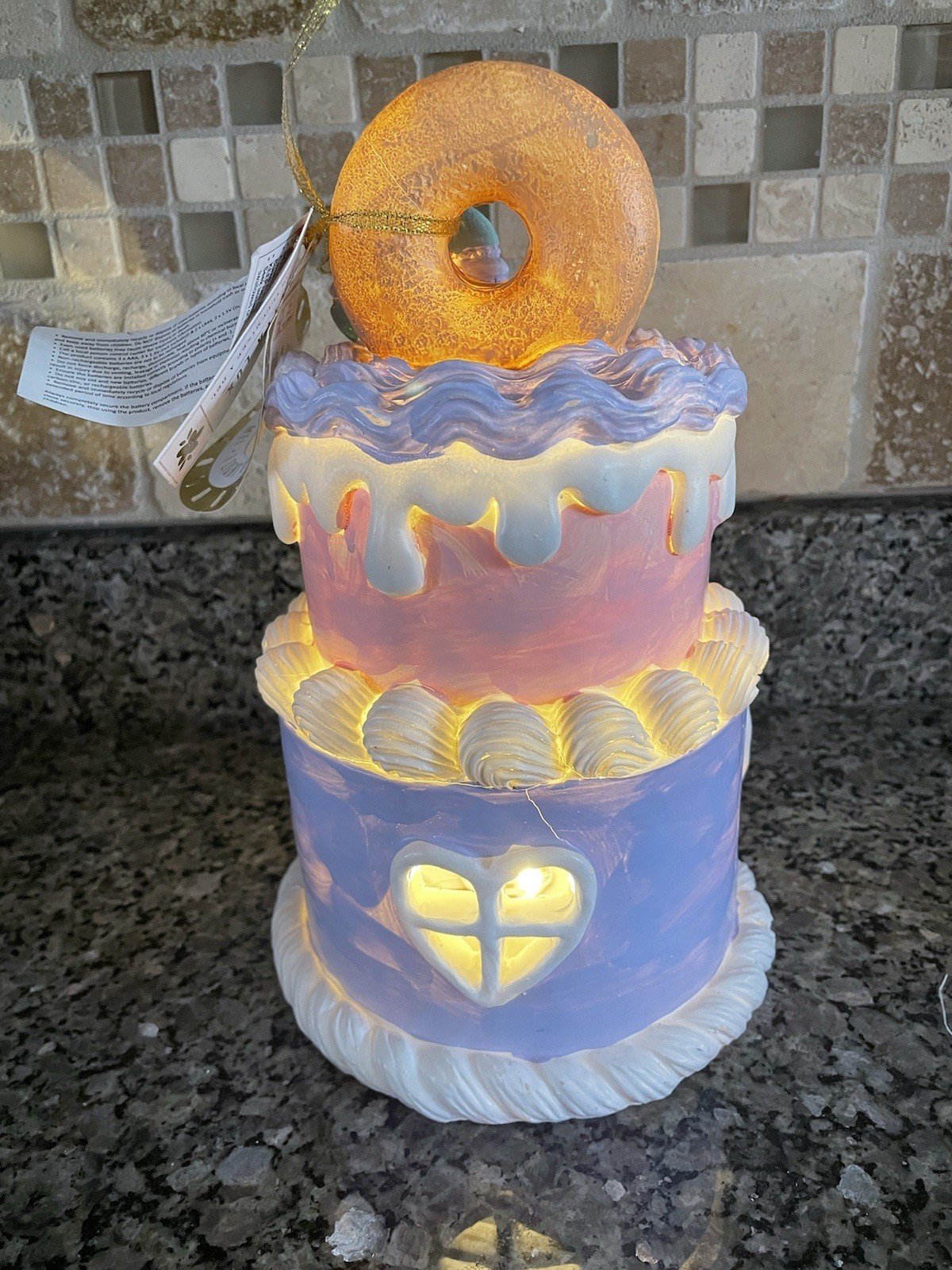 NWT Bella Lux Easter Pastel Frosted Resin Treats Donut & Macaroon Faux LED Cake