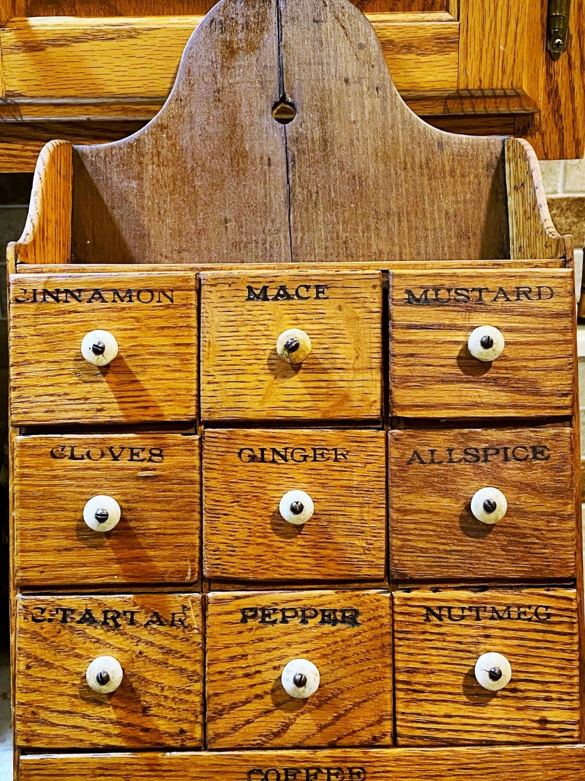 Antique OAK Wood Apothecary Spice Cabinet Primitive 11 Labeled Drawers 24" x 10"