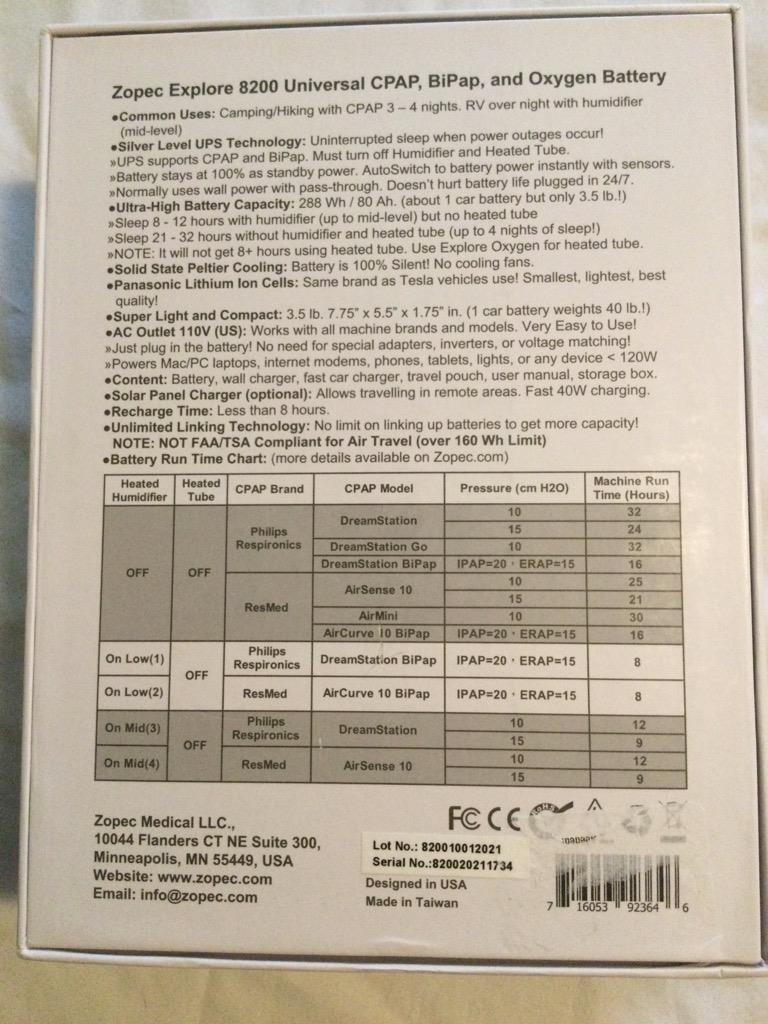 Zopec Explore 8200 Universal CPAP, BiPap, & Oxygen Battery