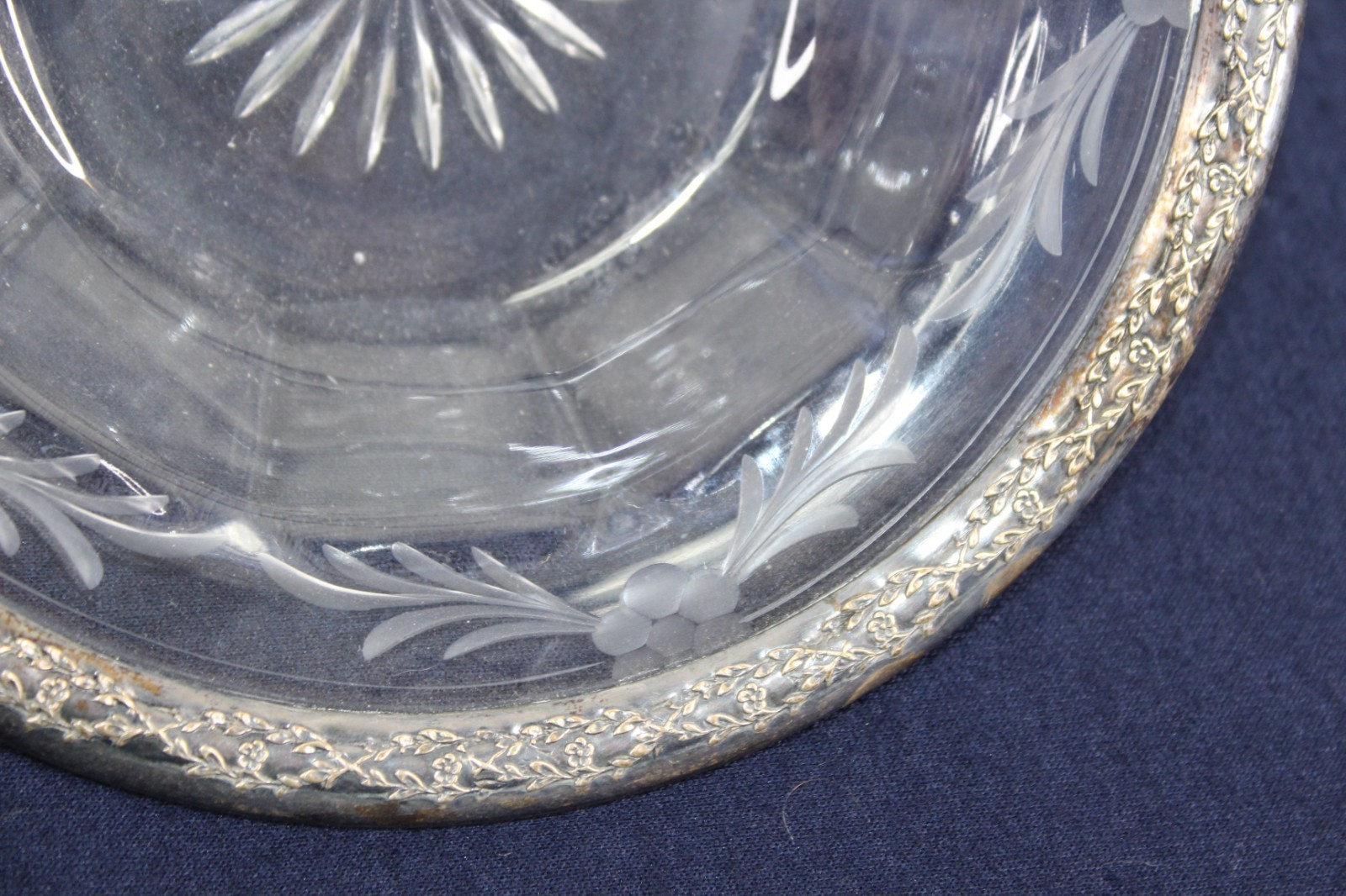 VTG Cut Glass with Sterling Silver Rim Bowl Berry and Leaves Pattern 6 1/2 inch