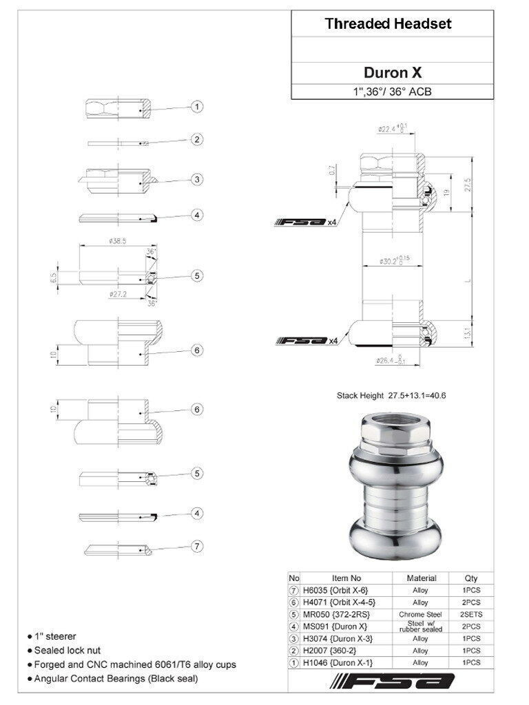 FSA Duron X 1" Inch Threaded Headset 22.4/26.4mm Sealed Bearings w/FSA Logo