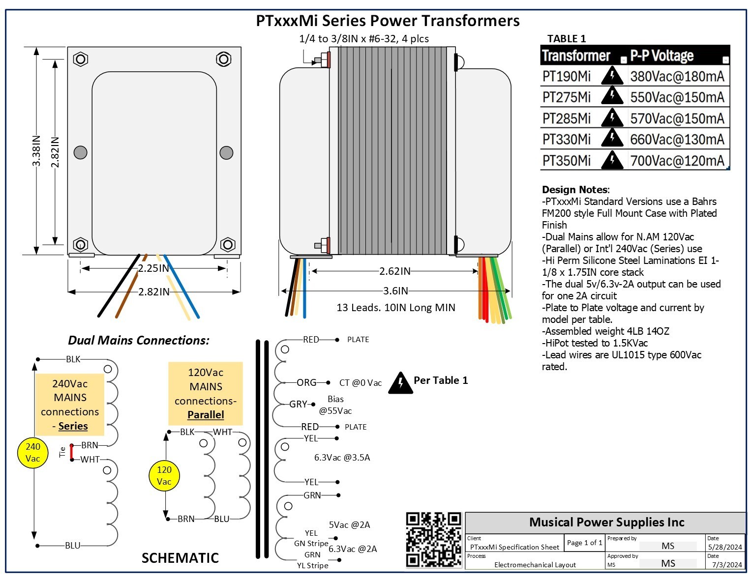PT350Mi-TUBE AUDIO POWER TRANSFORMER for TUBE AUDIO (700Vct) x 120mA
