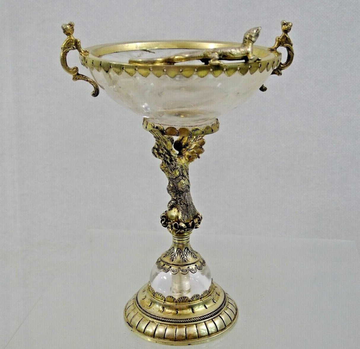 GORGEOUS SILVER - GILT / ROCK CRYSTAL TAZZA ANTIQUE GERMAN FIGURAL EAGLE LIZARD