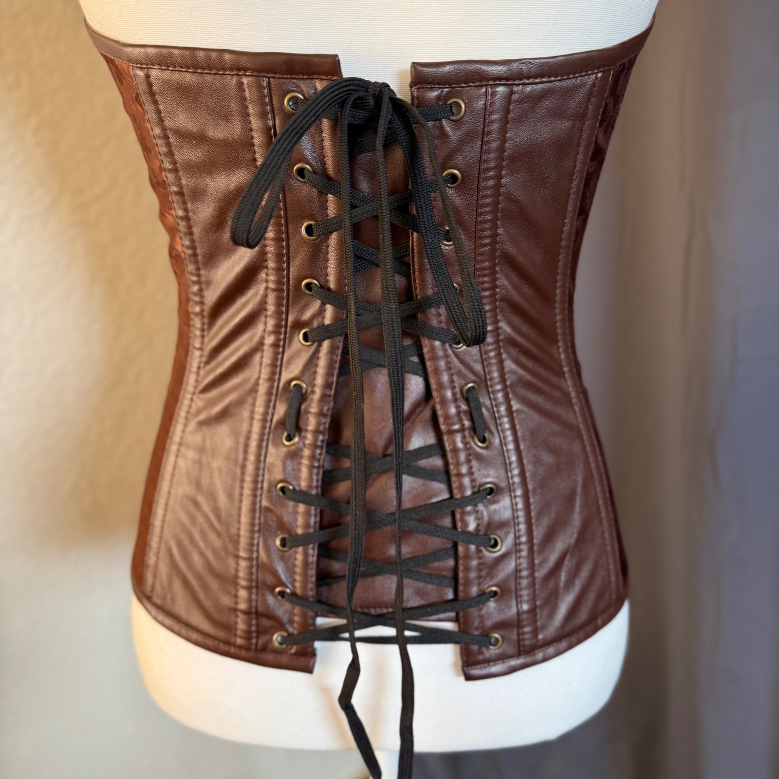 Steampunk Corset Brown Damask Faux Leather Hook Eye Small