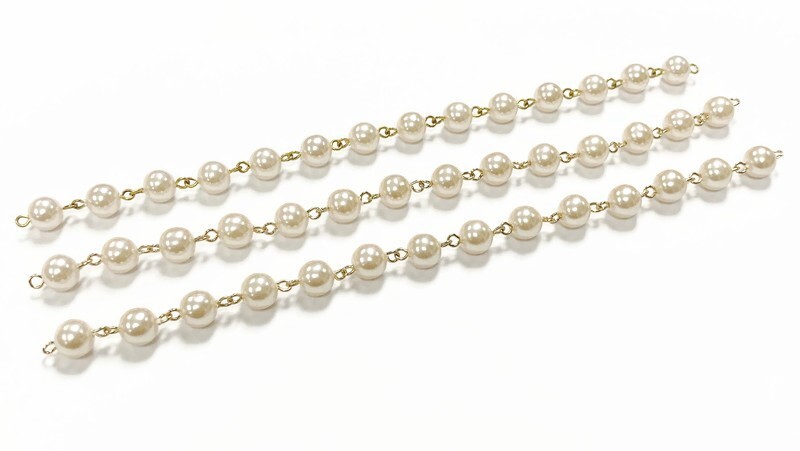 3 VINTAGE JAPANESE PEARL ACRYLIC ROUND BEADED BRASS LINK 6.5" CHAIN SECTIONS 572