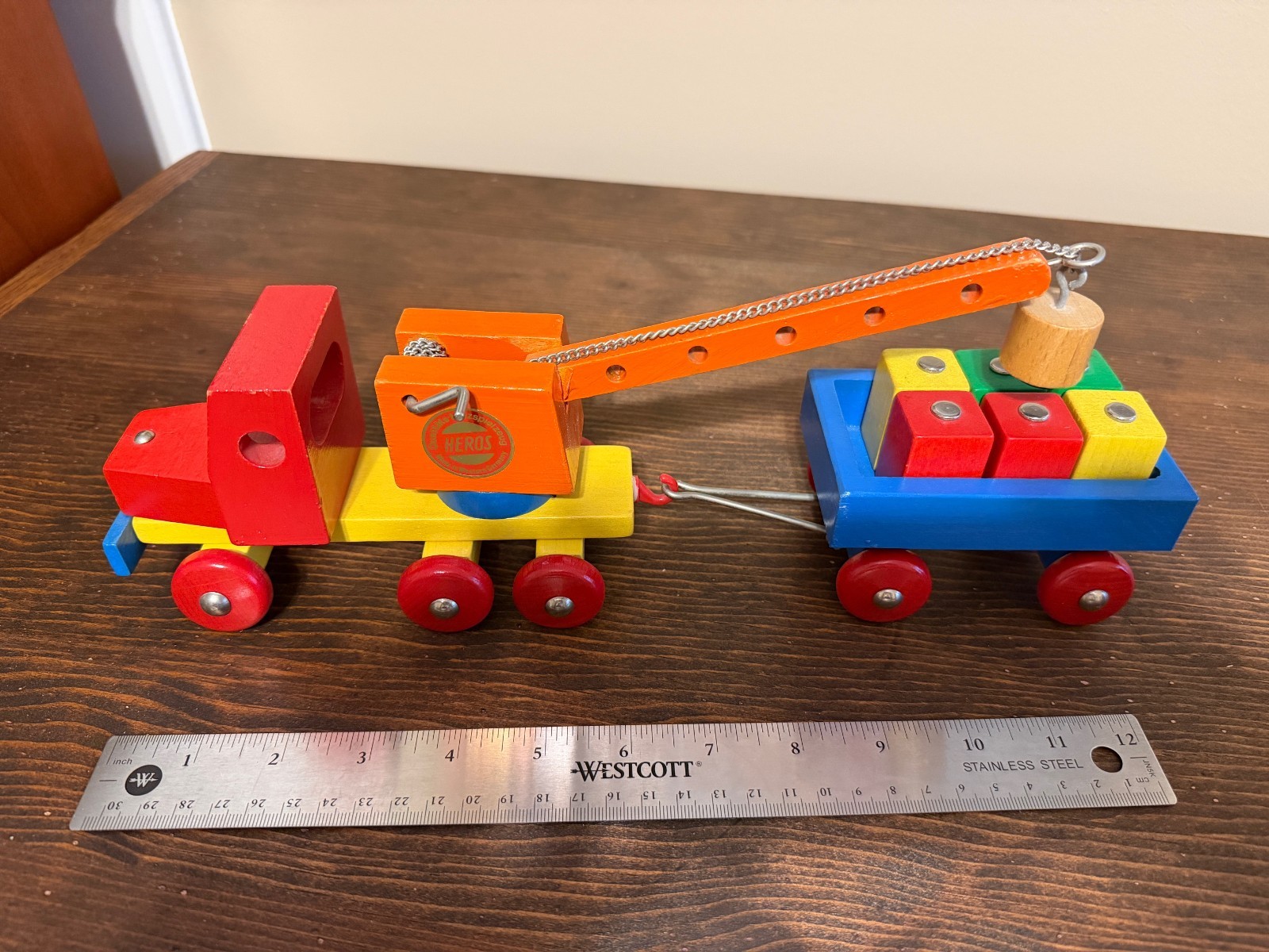 Western Germany Vintage Heros Wooden Toy Car Transporter and Crane Truck Trailer