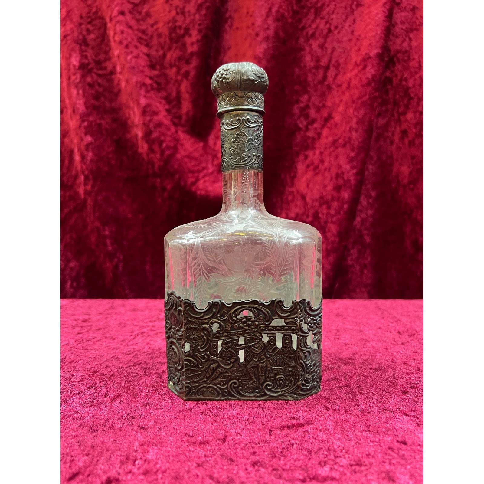 Antique Barware 18th Century Etched Glass Decanter Silver Repousse Germany