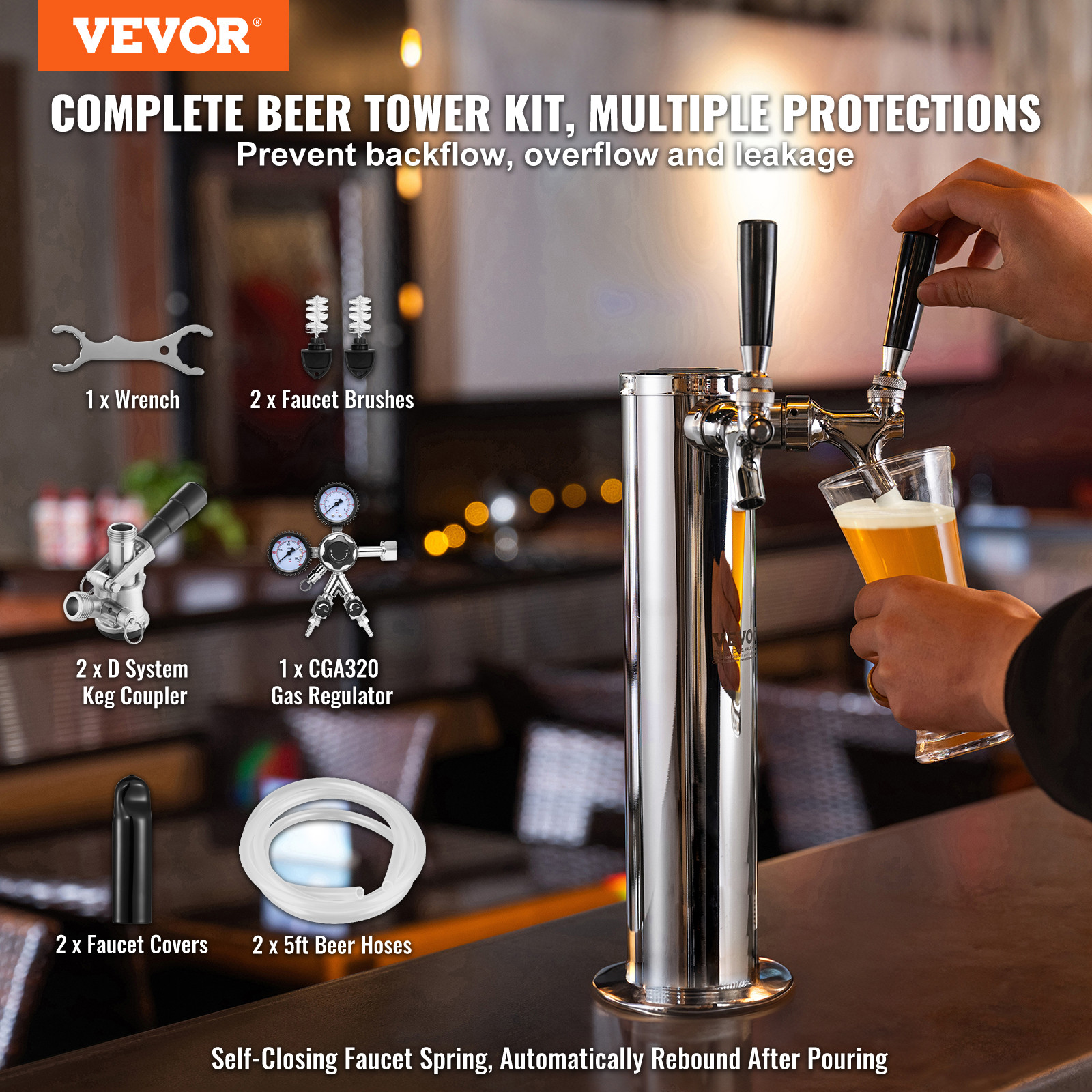 VEVOR Kegerator Tower Kit Double Taps Beer Conversion Kit & Self-Closing Spring