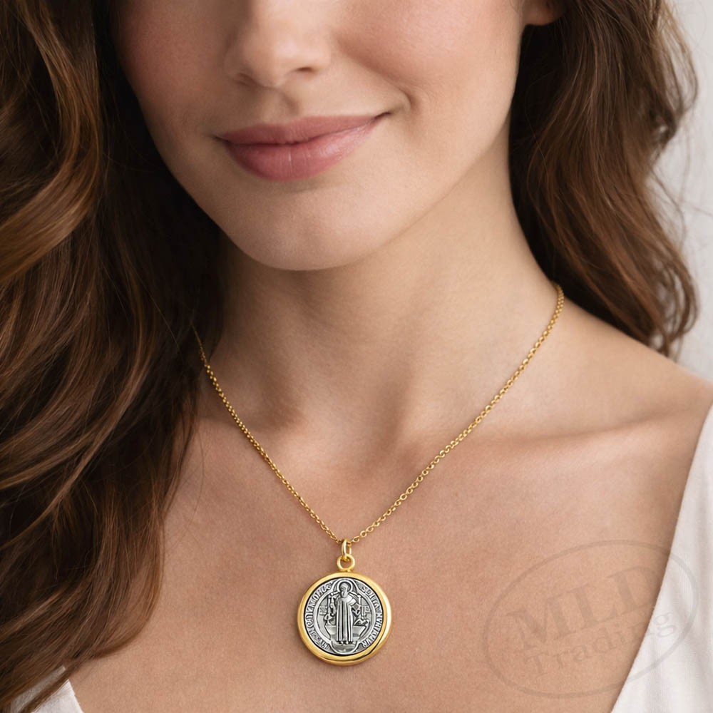 Saint St Benedict Medal Pendant Necklace – Gold Tone Border – 18”+2” Link Chain