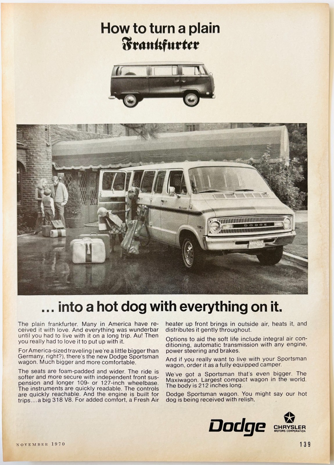 1971 Dodge Sportsman Maxiwagon Advertisement Vintage Automobile Van DWW11A