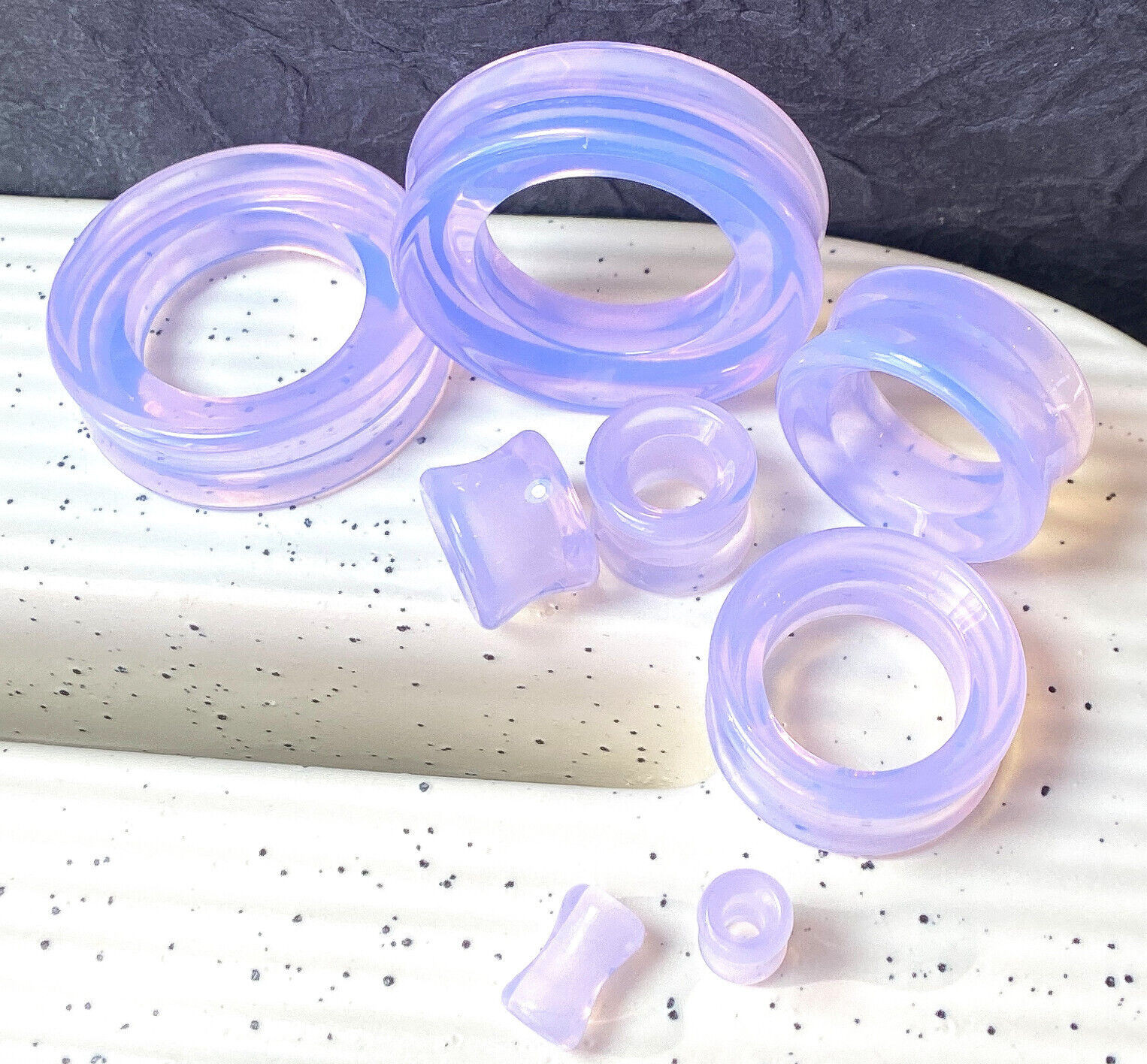 PAIR Lavender Opalite Double Flare Tunnels Stone Glass Plugs Earlets Gauges