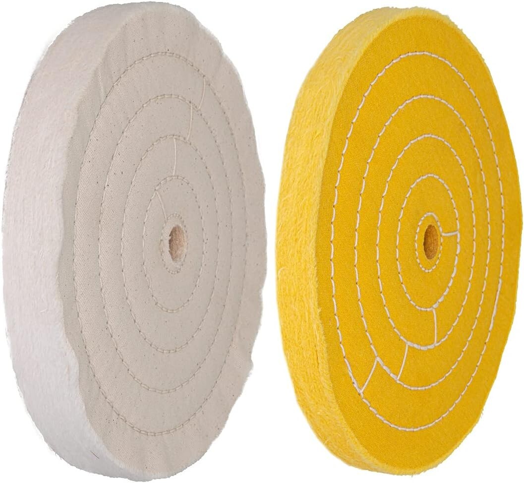 POWERTEC Assorted 8 Inch Buffing Wheels Set w/White and Yellow w/Arbor Hole, 2PK
