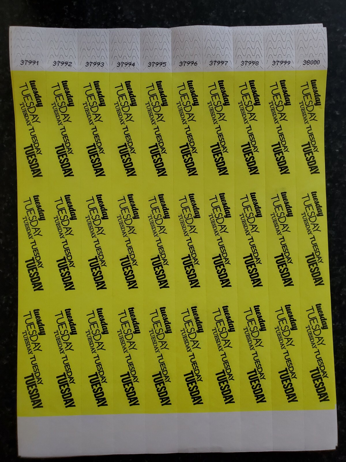 100  3/4"  NEON YELLOW (Tuesday) TYVEK WRISTBANDS, PAPER WRISTBANDS