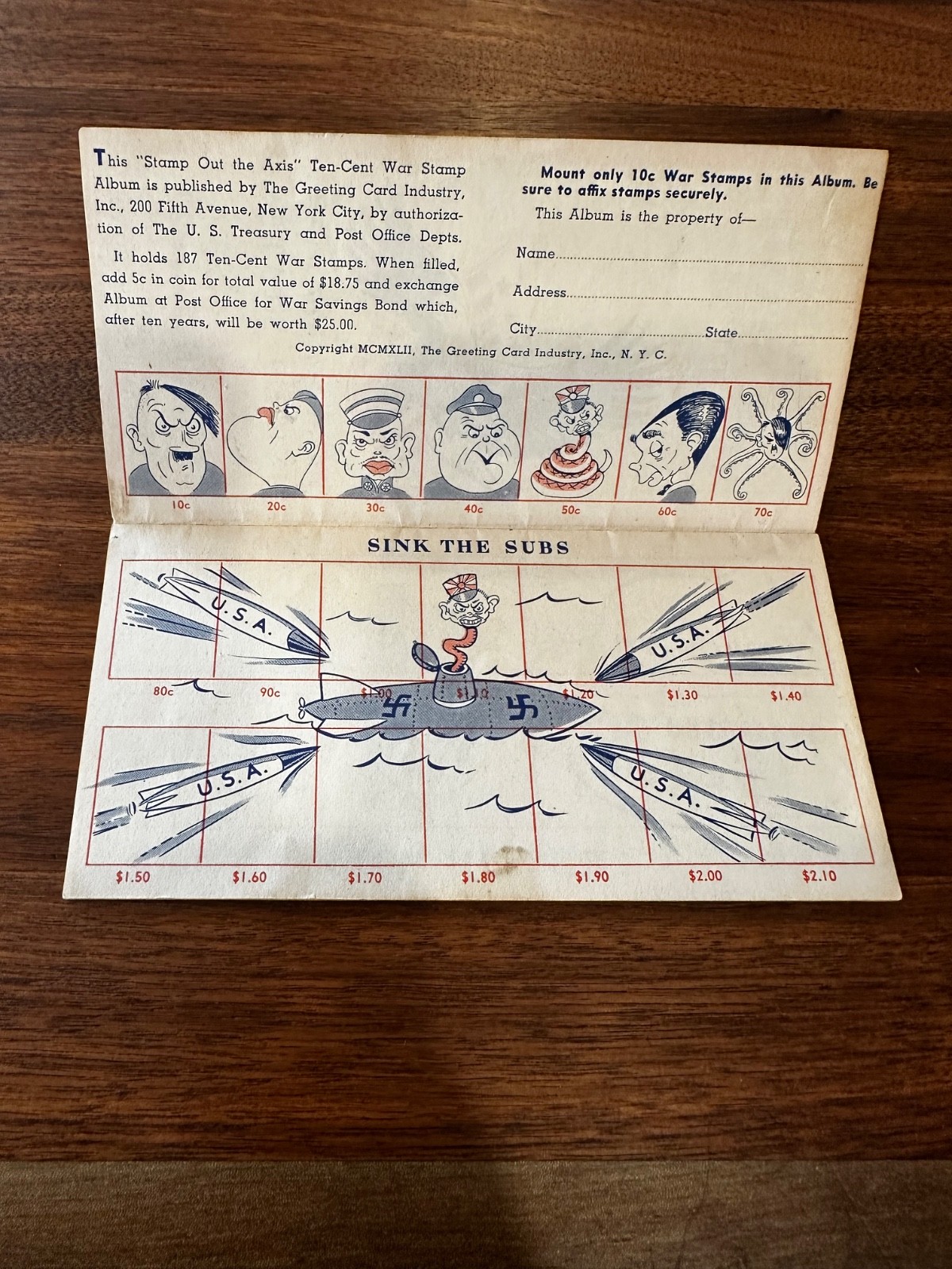 WWII Propaganda War Savings Stamp Album “Stamp Out the Axis” Unused 1942 Cartoon