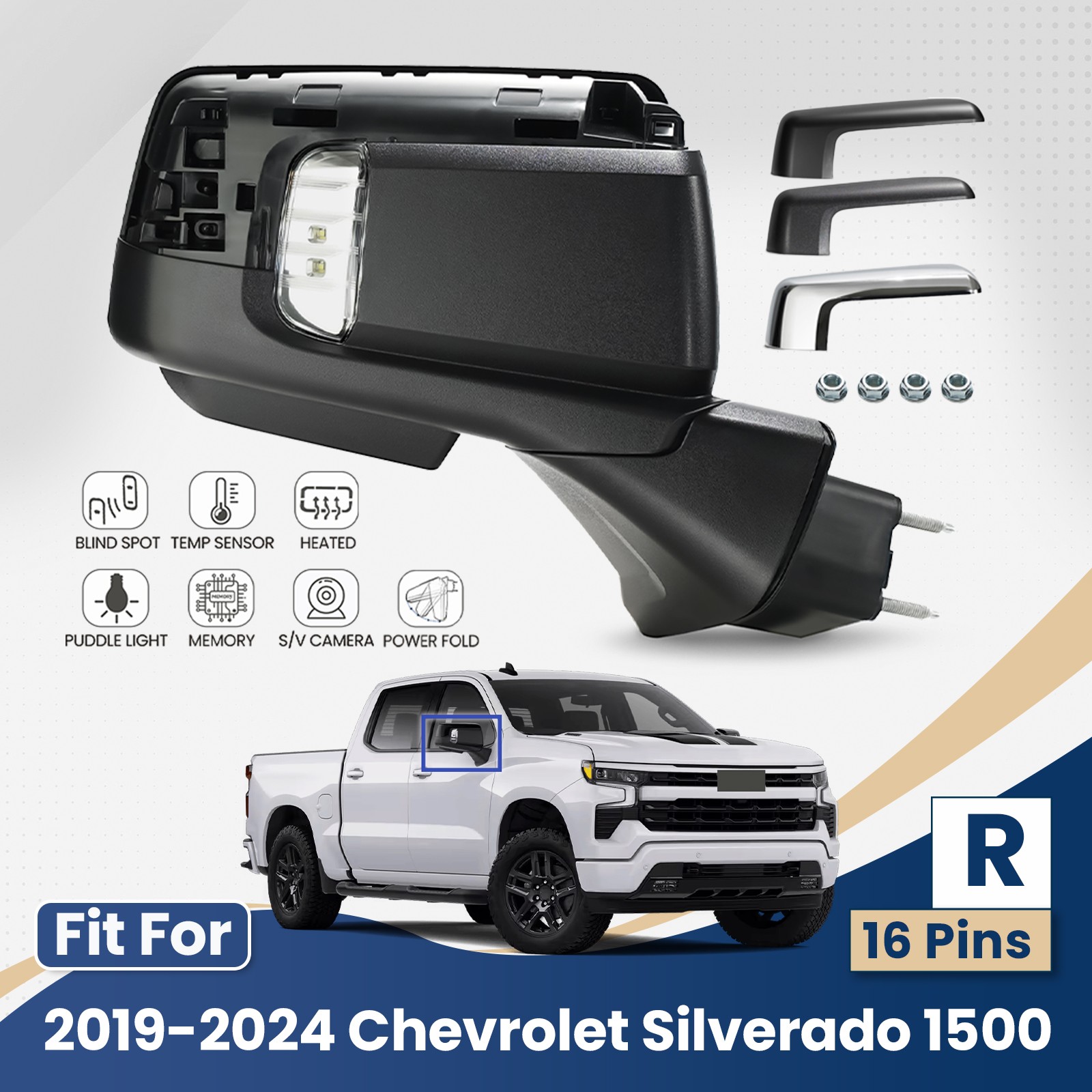 For 2019-2024 Chevy Silverado 1500 Side Mirror W/Camera W/BSD Heated 16Pin Right