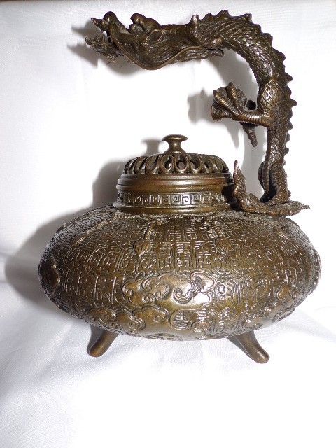 Antique Chinese Bronze Dragon Incense Burner Censer 9"