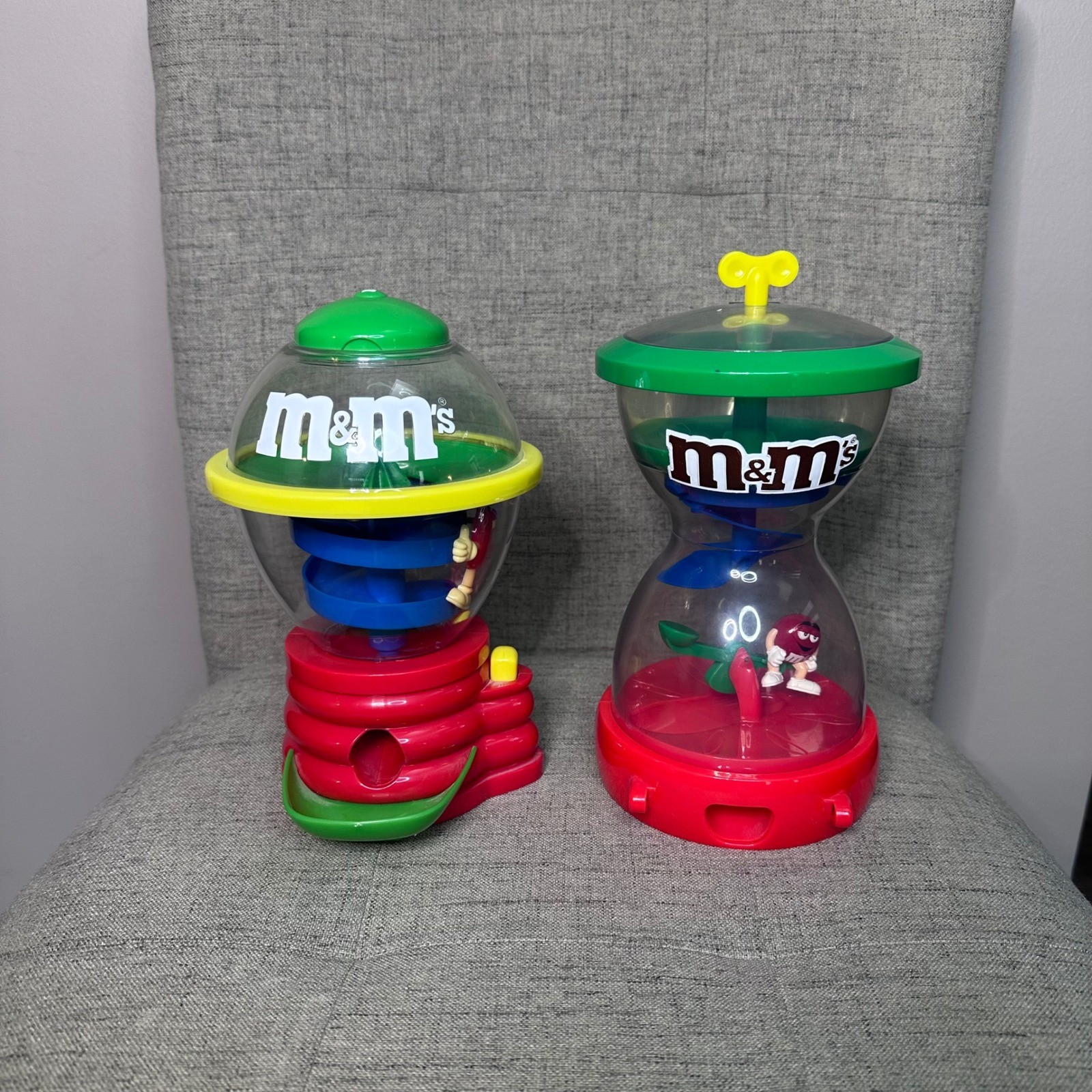 M M candy dispenser toy 2 piece lot spinning spiral chase fun