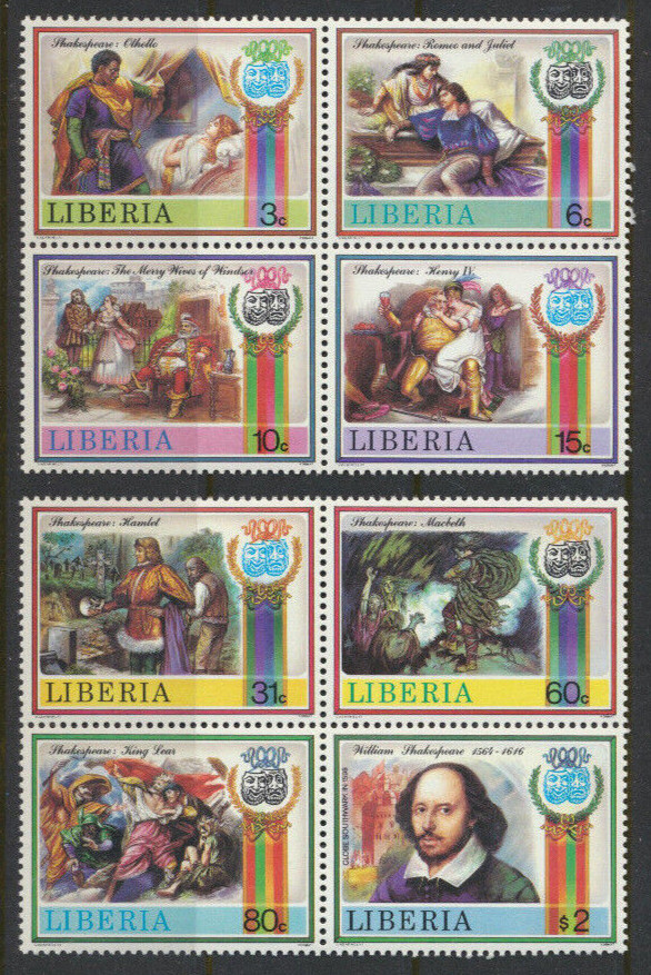 Shakespeare Mint NH Set of 8 Large Topical Stamps Liberia 1987 2 Blocks of 4