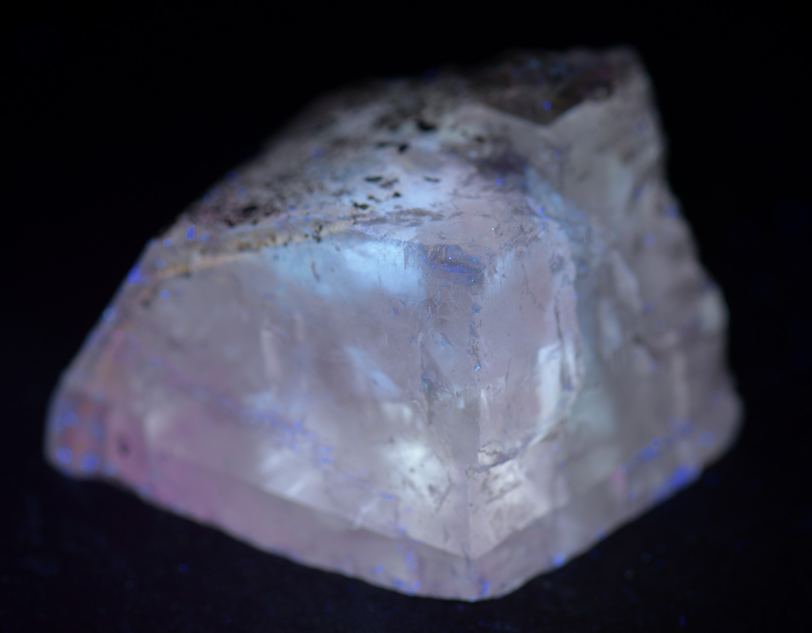 Calcite crystal with Pyrite crystals, fluorescent. Klein Quarry, Iowa. 45 grams.